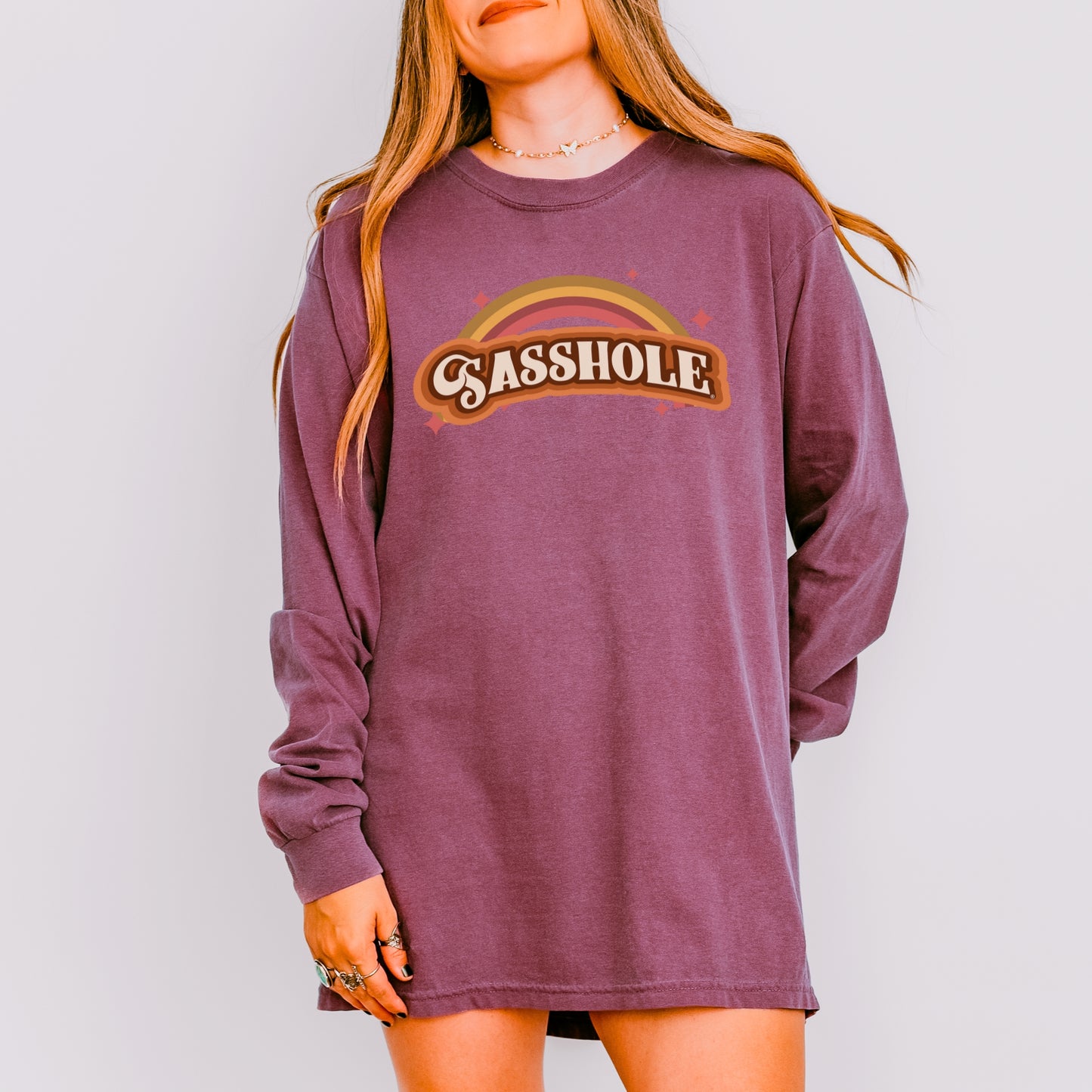 Sasshole® Women’s Long Sleeve Comfort Colors® Tee – Retro Rainbow Graphic Shirt