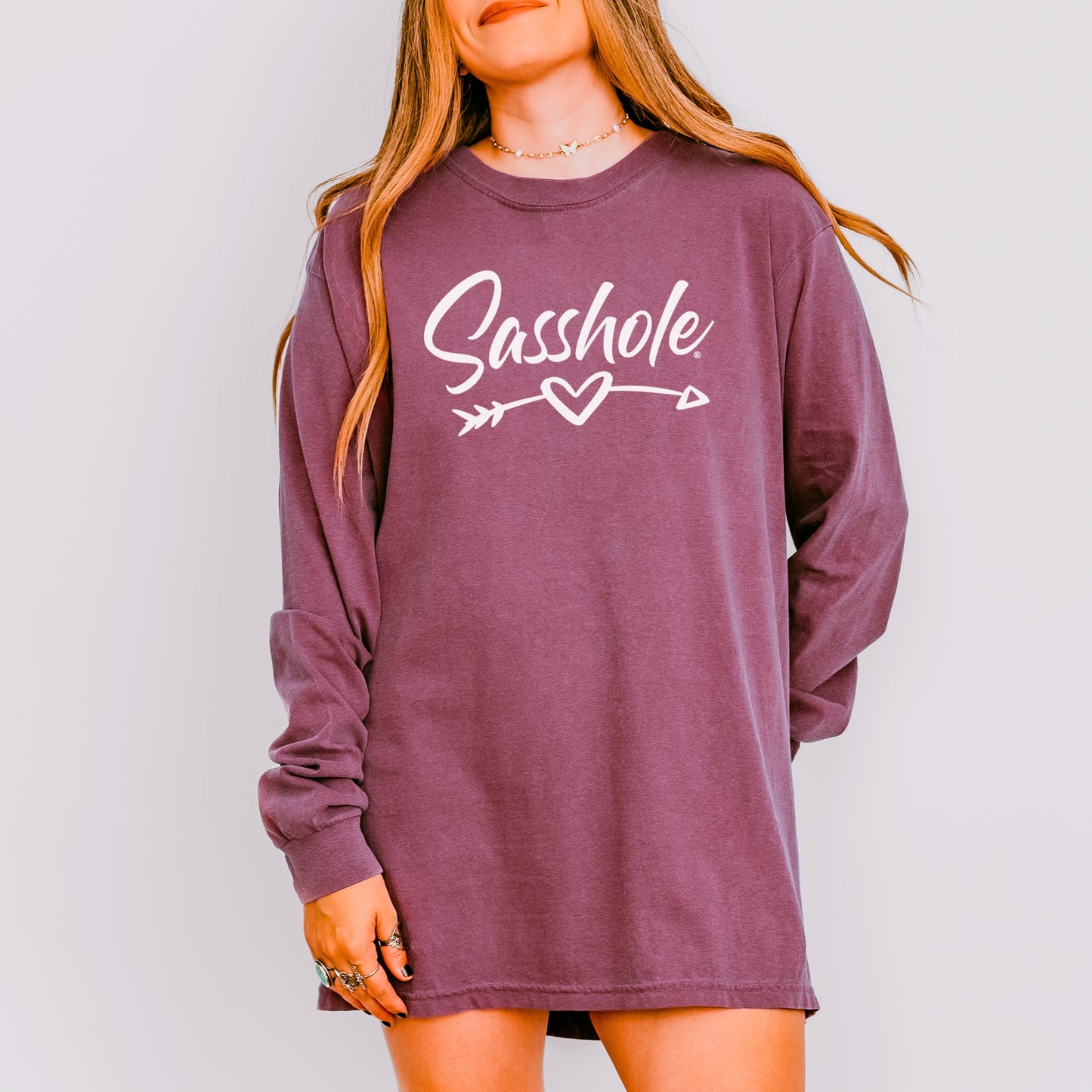 Sasshole® Women’s Long Sleeve Tee – Heart & Arrow Graphic, Comfort Colors® Style