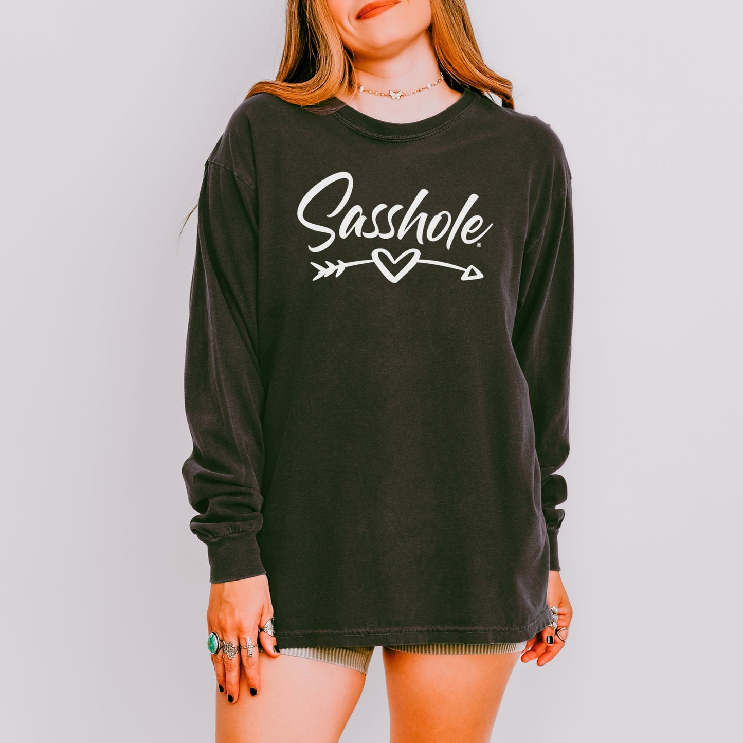 Sasshole® Women’s Long Sleeve Tee – Heart & Arrow Graphic, Comfort Colors® Style