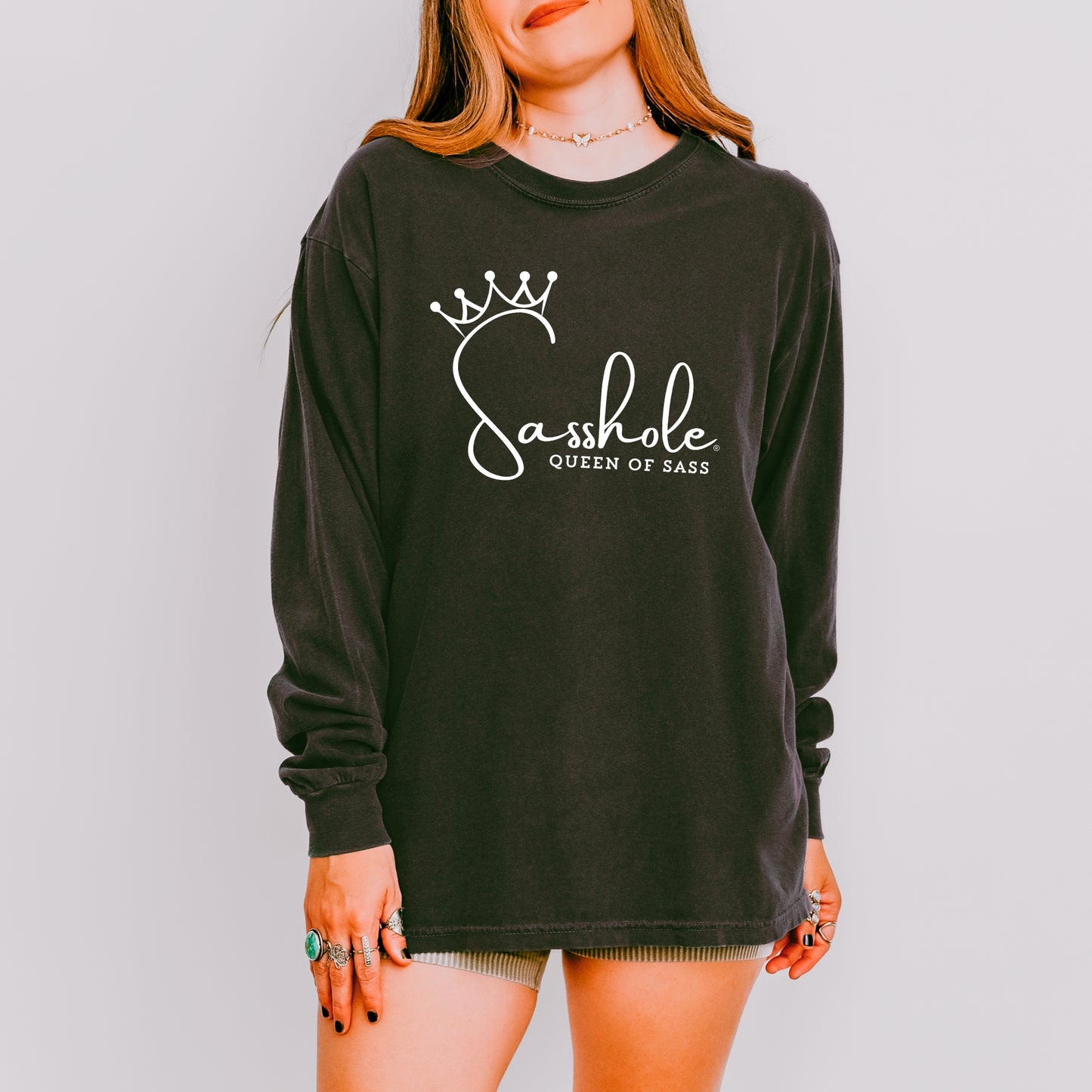 Sasshole® Queen of Sass Long Sleeve Tee – Comfort Colors® Women’s Graphic Shirt