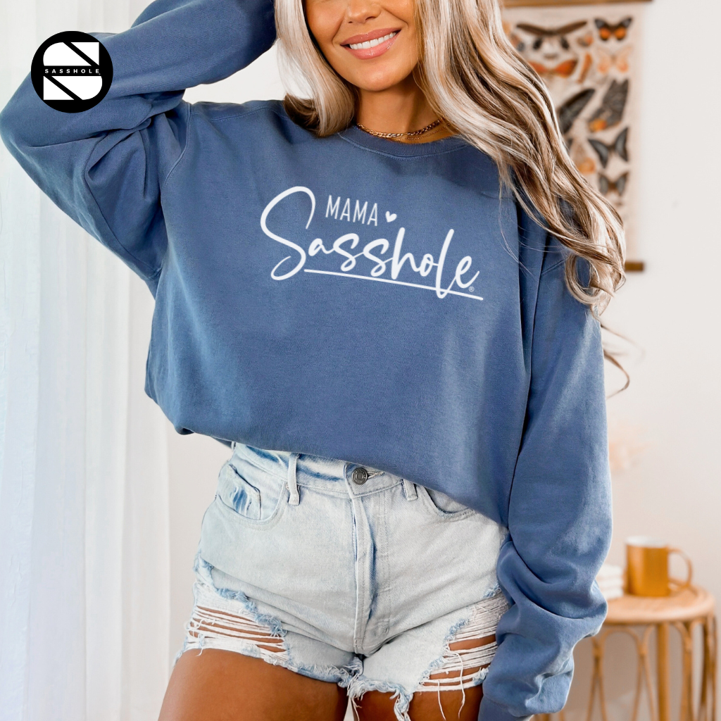 women's mama sasshole blue jean vintage garment-dyed sweatshirt