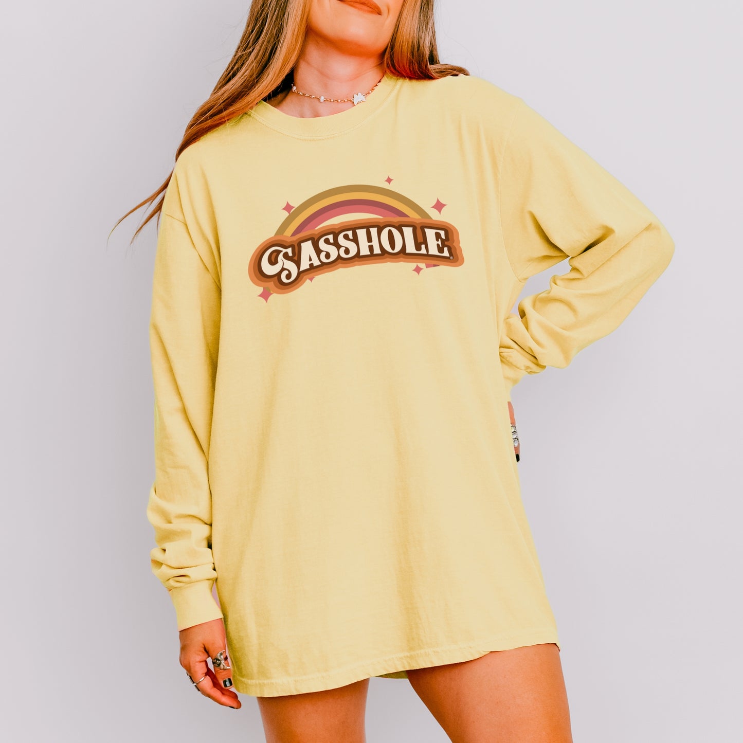 Sasshole® Women’s Long Sleeve Comfort Colors® Tee – Retro Rainbow Graphic Shirt