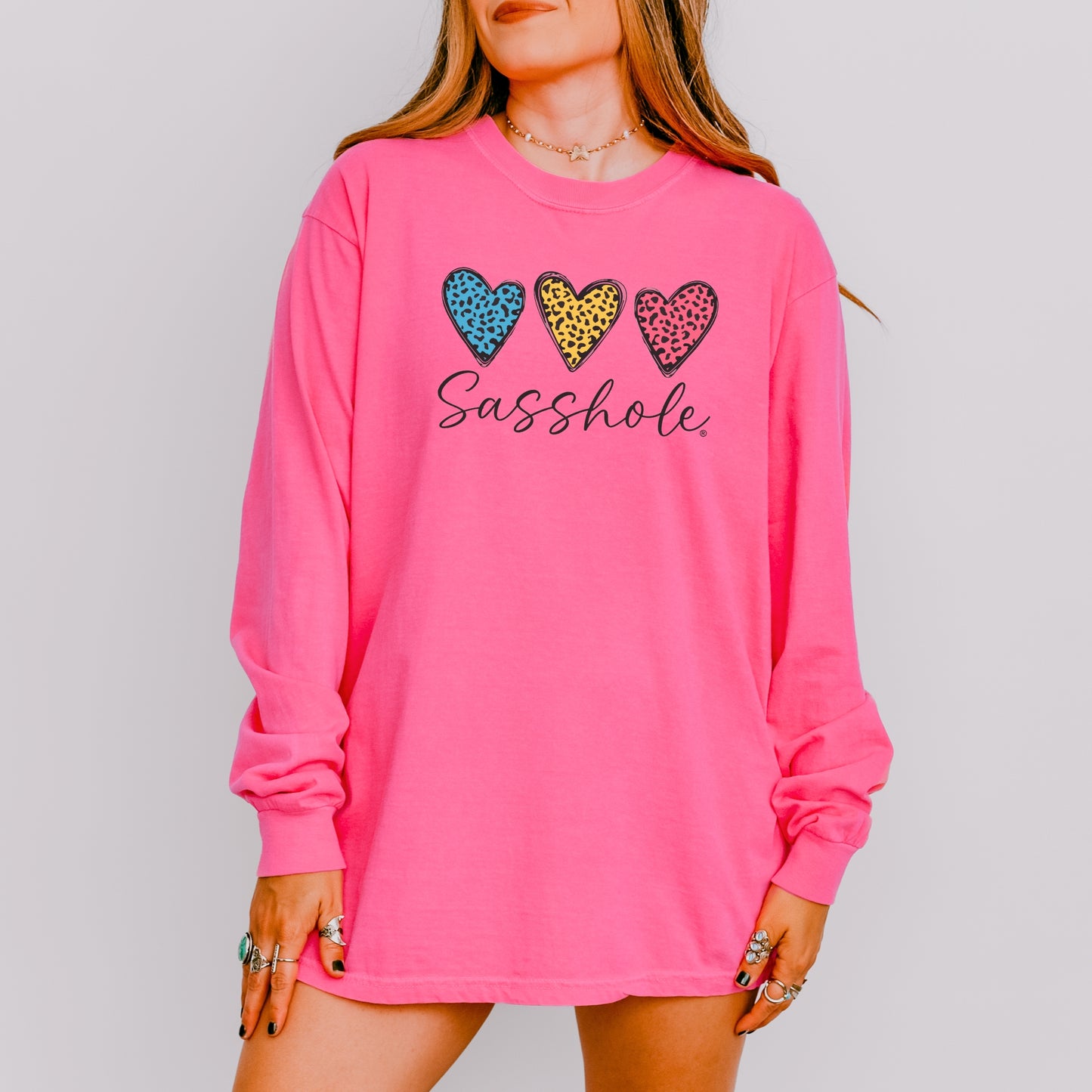 Sasshole® Women’s Long Sleeve Comfort Colors® Tee – Triple Heart Statement Shirt
