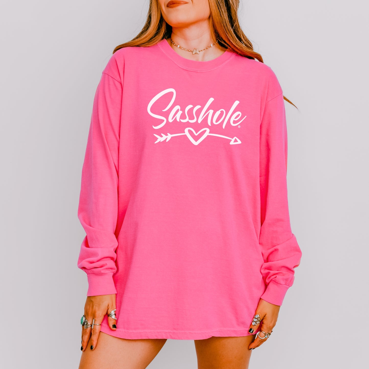 Sasshole® Women’s Long Sleeve Tee – Heart & Arrow Graphic, Comfort Colors® Style