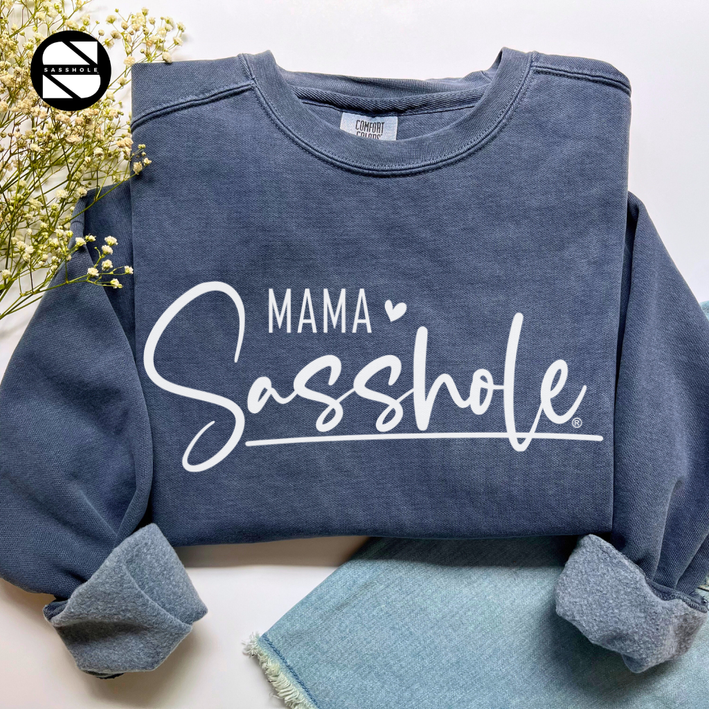 women's mama sasshole denim cozy garment-dyed sweatshirt