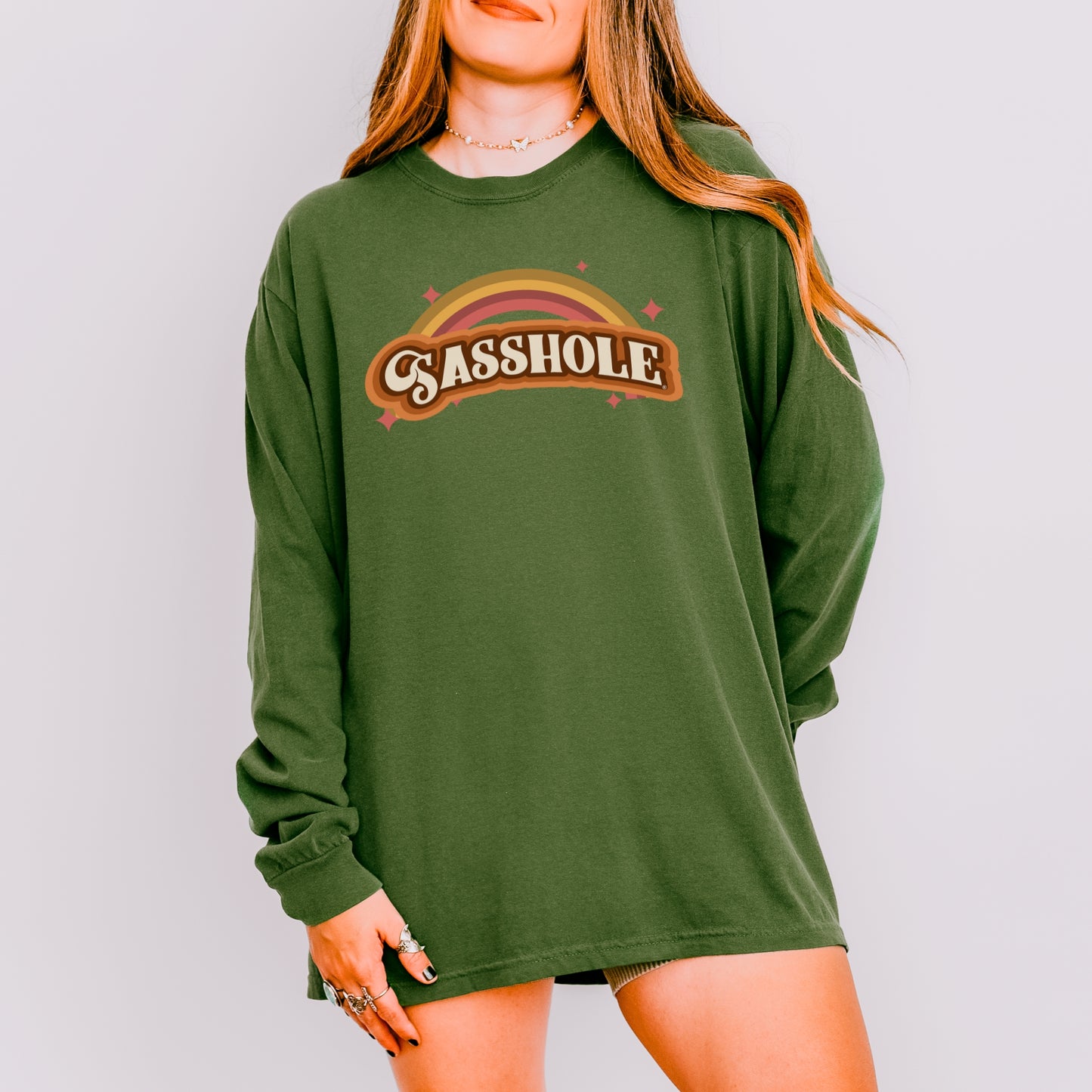 Sasshole® Women’s Long Sleeve Comfort Colors® Tee – Retro Rainbow Graphic Shirt