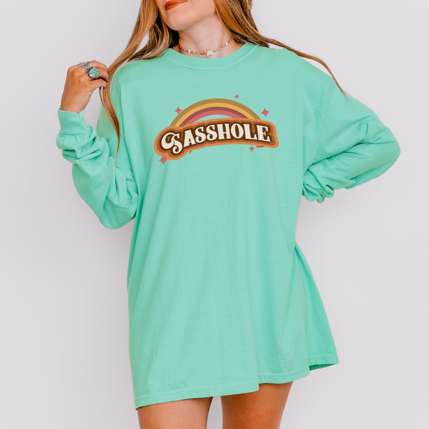 Sasshole® Women’s Long Sleeve Comfort Colors® Tee – Retro Rainbow Graphic Shirt