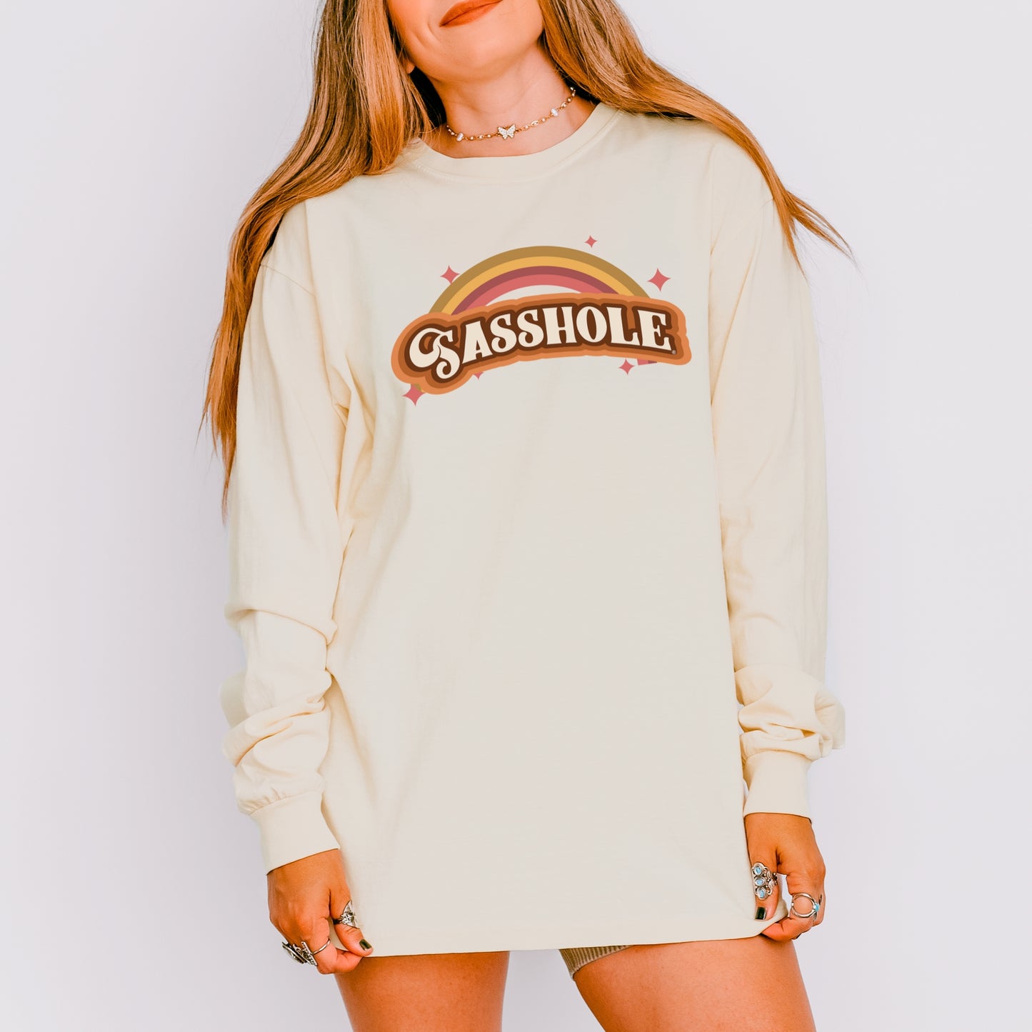Sasshole® Women’s Long Sleeve Comfort Colors® Tee – Retro Rainbow Graphic Shirt