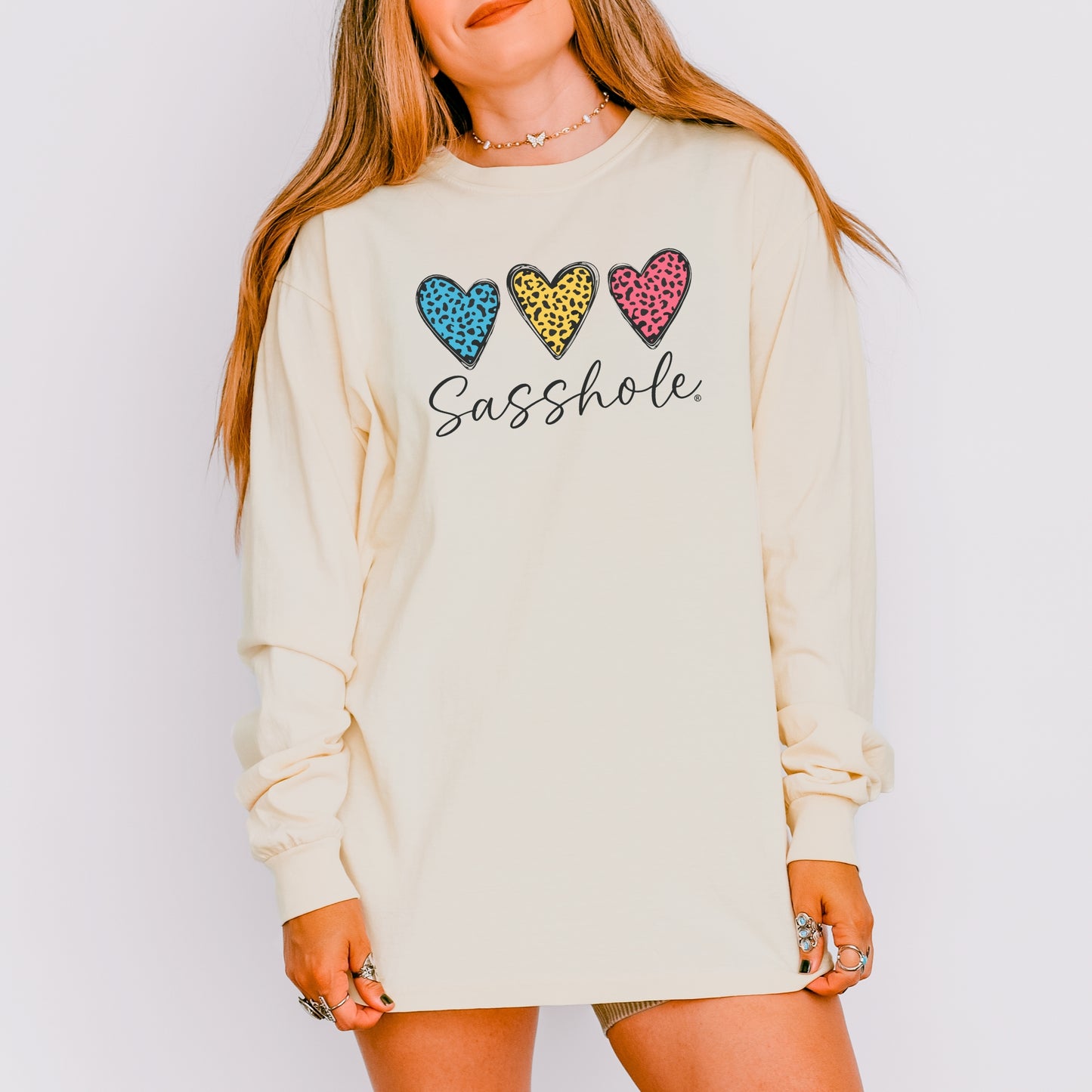 Sasshole® Women’s Long Sleeve Comfort Colors® Tee – Triple Heart Statement Shirt