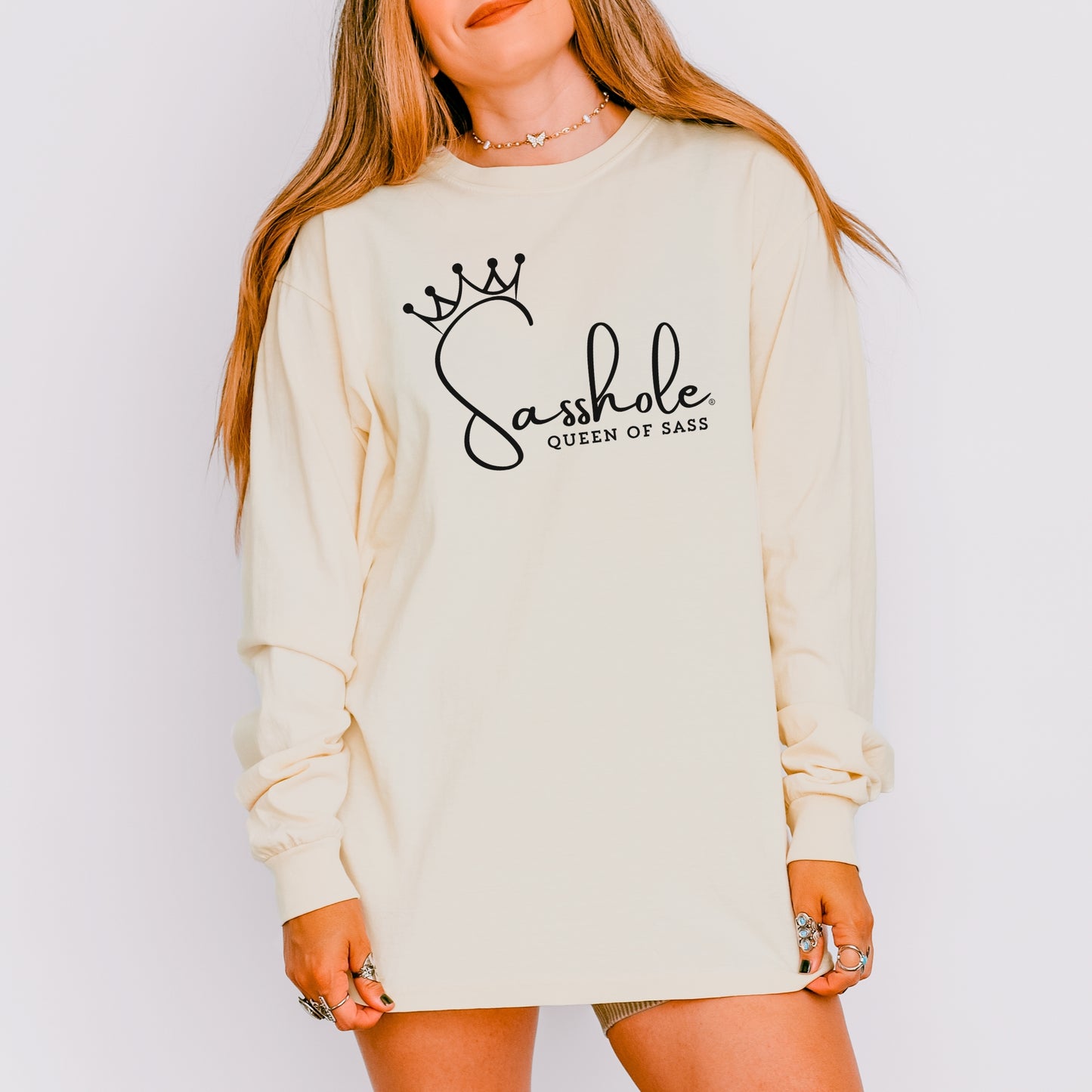 Sasshole® Queen of Sass Long Sleeve Tee – Comfort Colors® Women’s Graphic Shirt