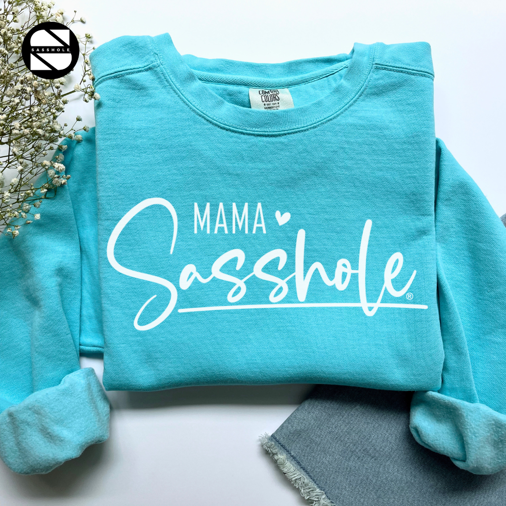 women's mama sasshole lagoon blue cozy garment-dyed sweatshirt