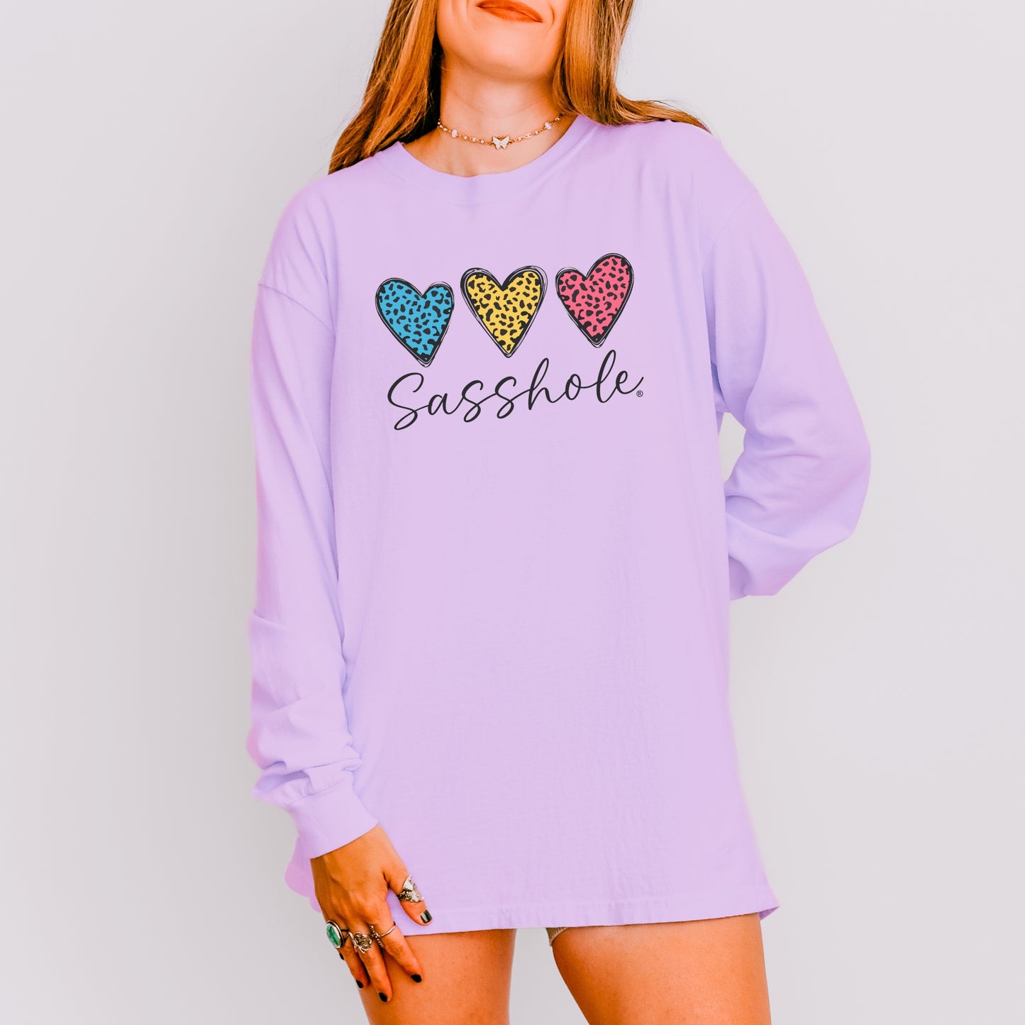 Sasshole® Women’s Long Sleeve Comfort Colors® Tee – Triple Heart Statement Shirt