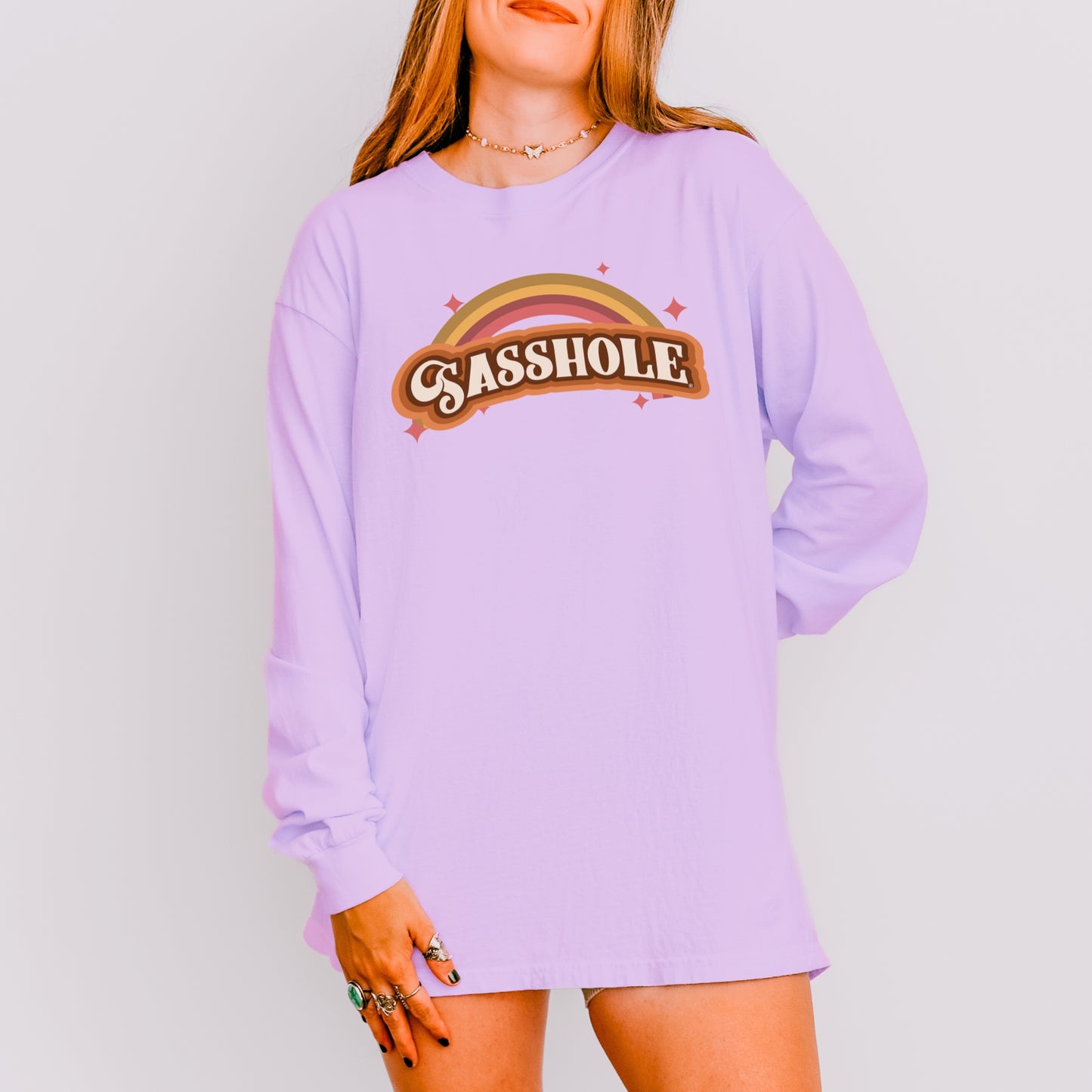Sasshole® Women’s Long Sleeve Comfort Colors® Tee – Retro Rainbow Graphic Shirt