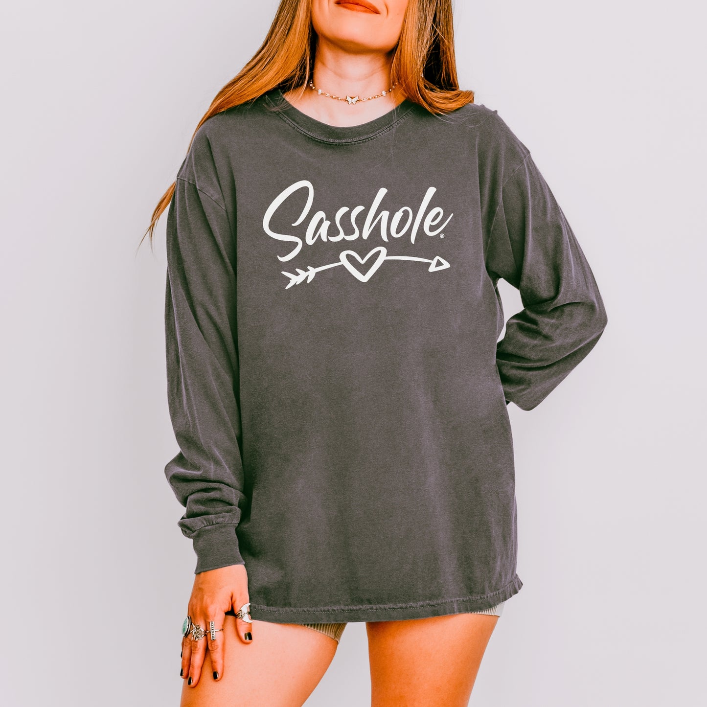Sasshole® Women’s Long Sleeve Tee – Heart & Arrow Graphic, Comfort Colors® Style