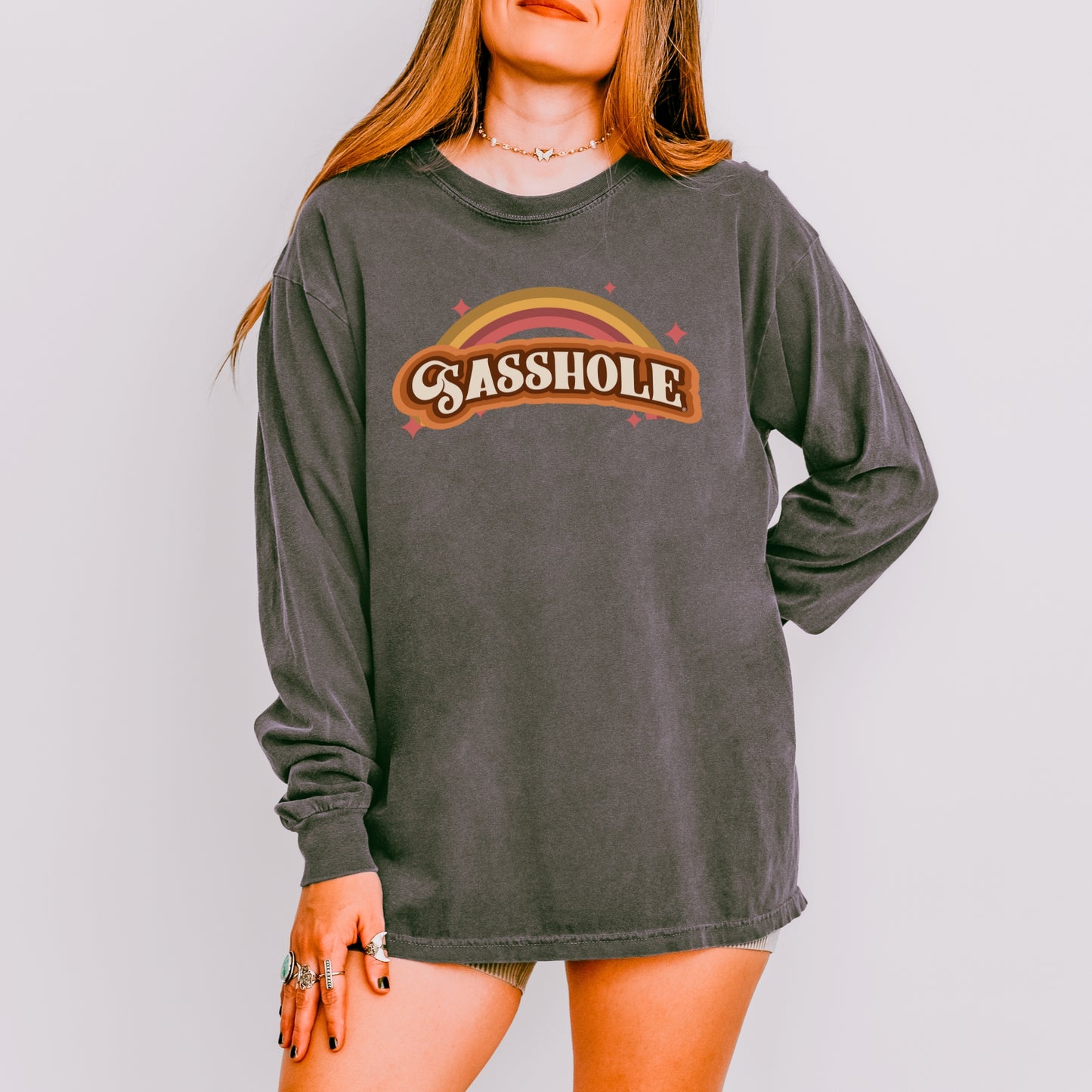 Sasshole® Women’s Long Sleeve Comfort Colors® Tee – Retro Rainbow Graphic Shirt