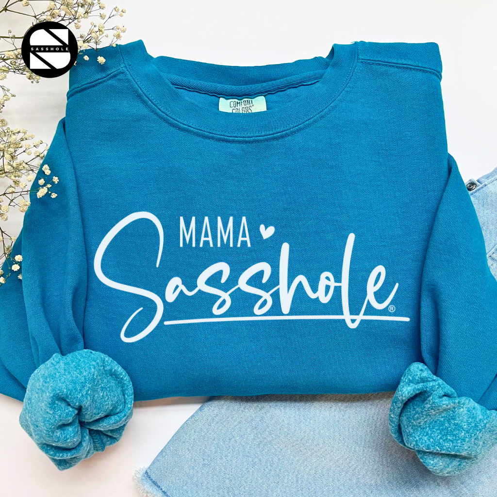 women's mama sasshole topaz blue cozy garment-dyed sweatshirt