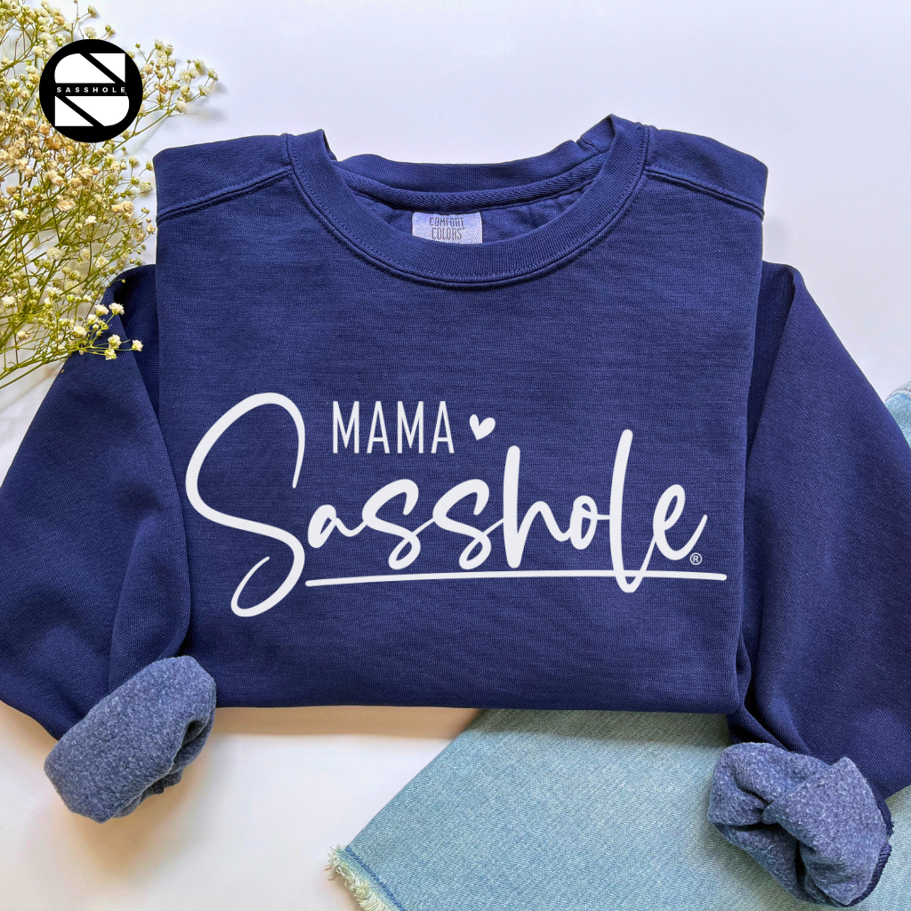 women's mama sasshole true navy cozy garment-dyed sweatshirt