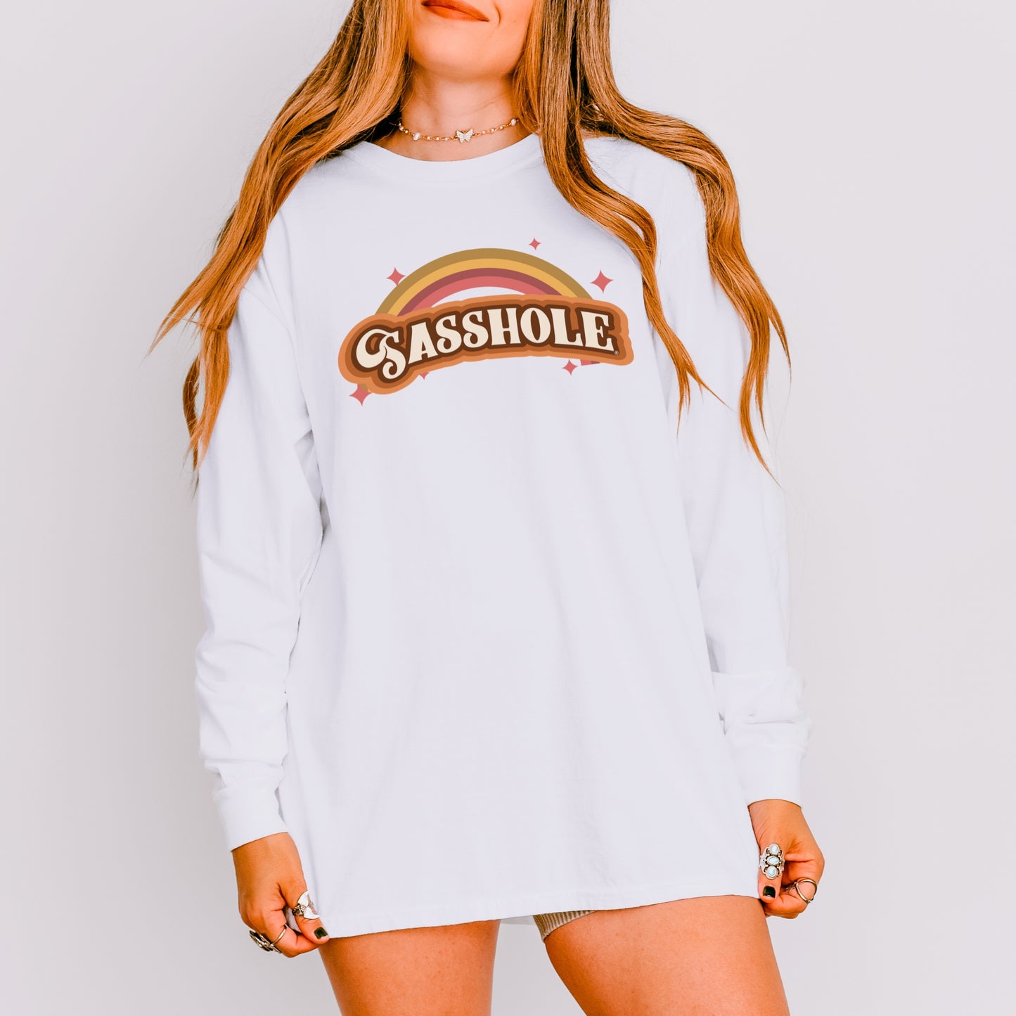 Sasshole® Women’s Long Sleeve Comfort Colors® Tee – Retro Rainbow Graphic Shirt