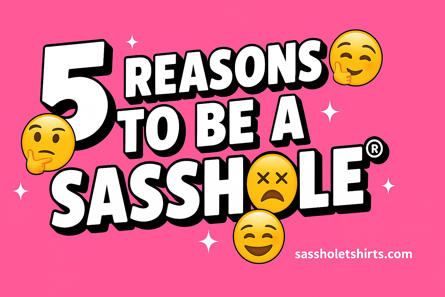 Image of 5 Reasons to Be a Sasshole® blog banner in bold white letters on hot pink with emojis – funny sassy clothing brand SassholeTShirts.com.