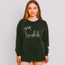 Image of Chambray long sleeve t-shirt with the phrase “I’m Not Bossy, I’m Just a Bit of a Sasshole” printed in bold black letters.