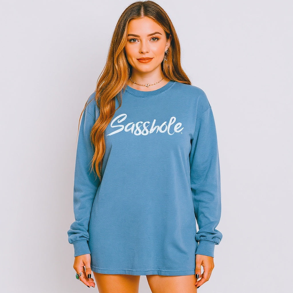Sasshole® Women’s Comfort Colors® Long Sleeve Tee – Classic Script Funny Graphic Shirt