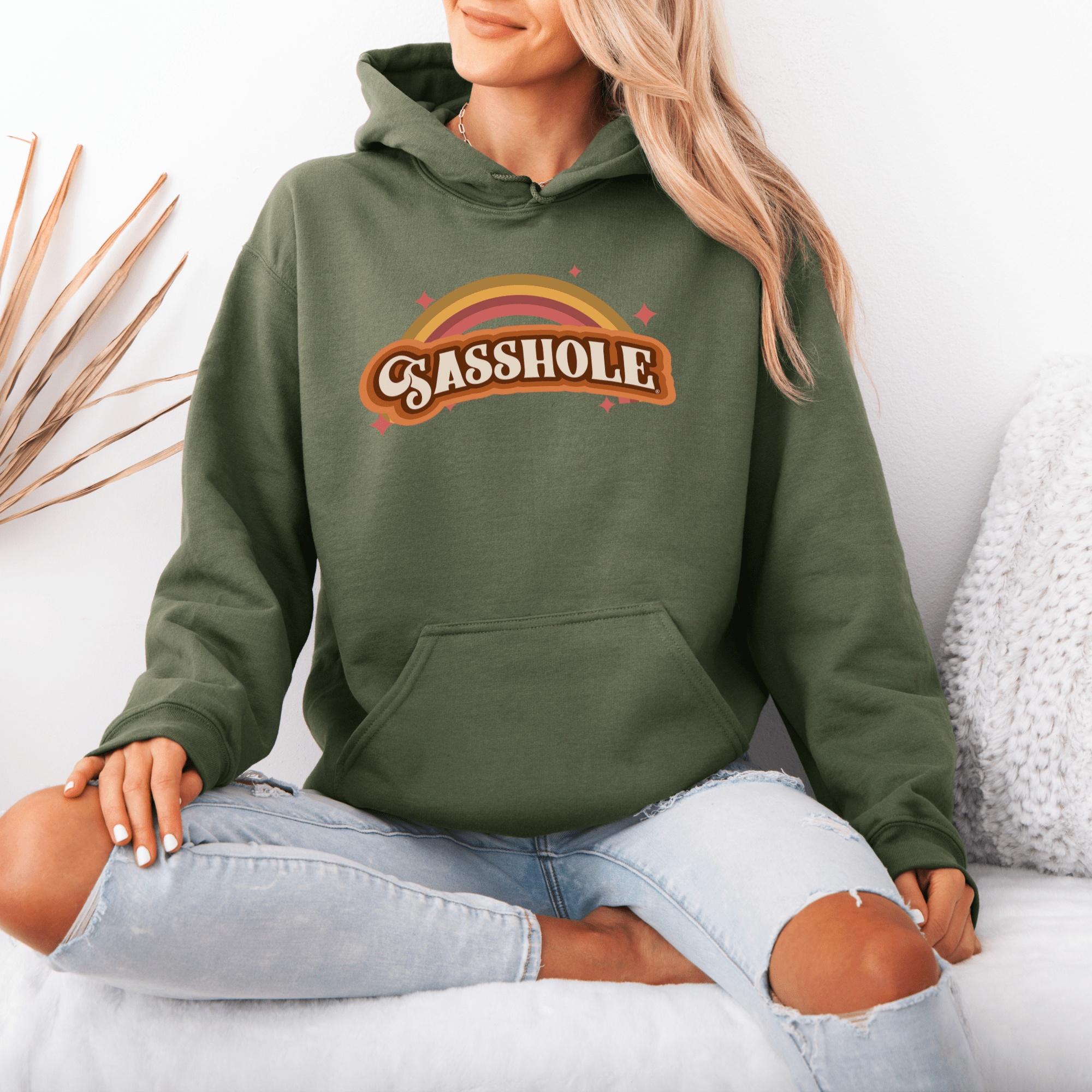 Image of 70's Retro Inspired: Sasshole® Rainbow Women's Vintage Hoodie - Funny Graphic Tee by Sasshole® Clothing