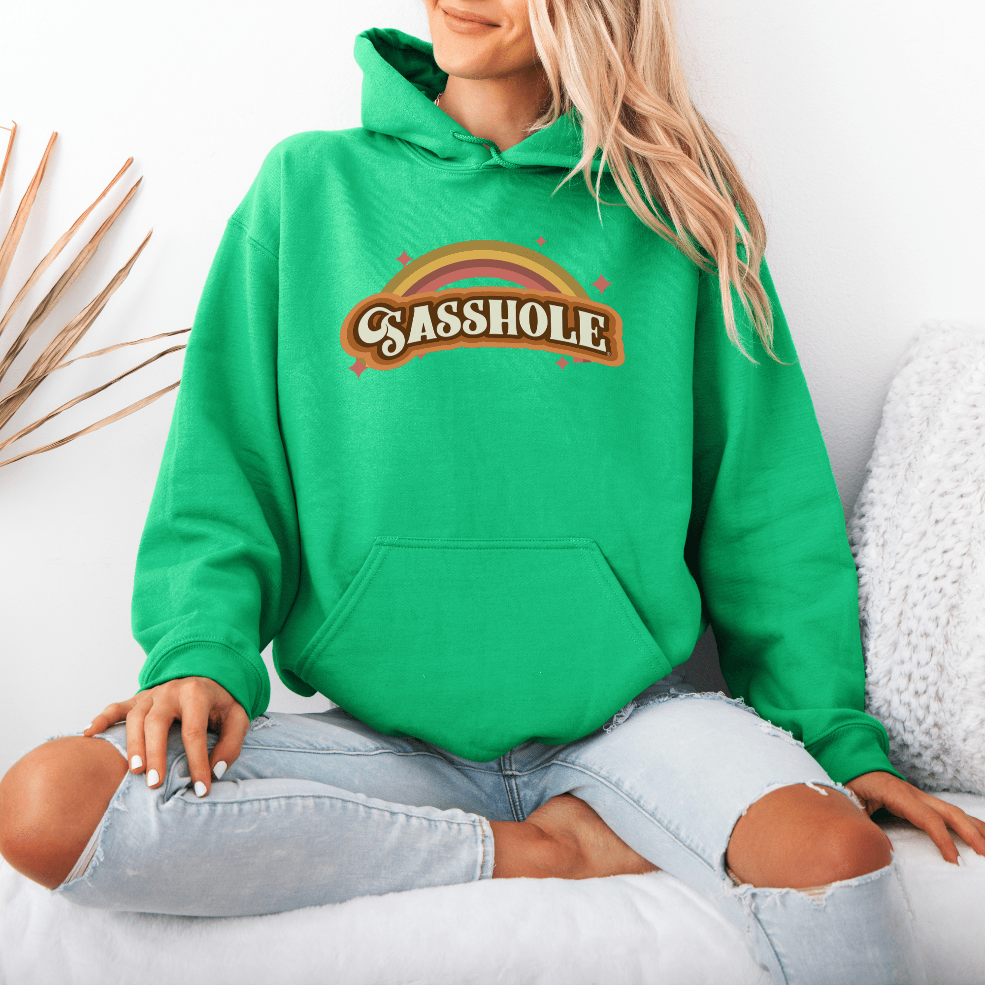 Image of 70's Retro Inspired: Sasshole® Rainbow Women's Vintage Hoodie - Funny Graphic Tee by Sasshole® Clothing