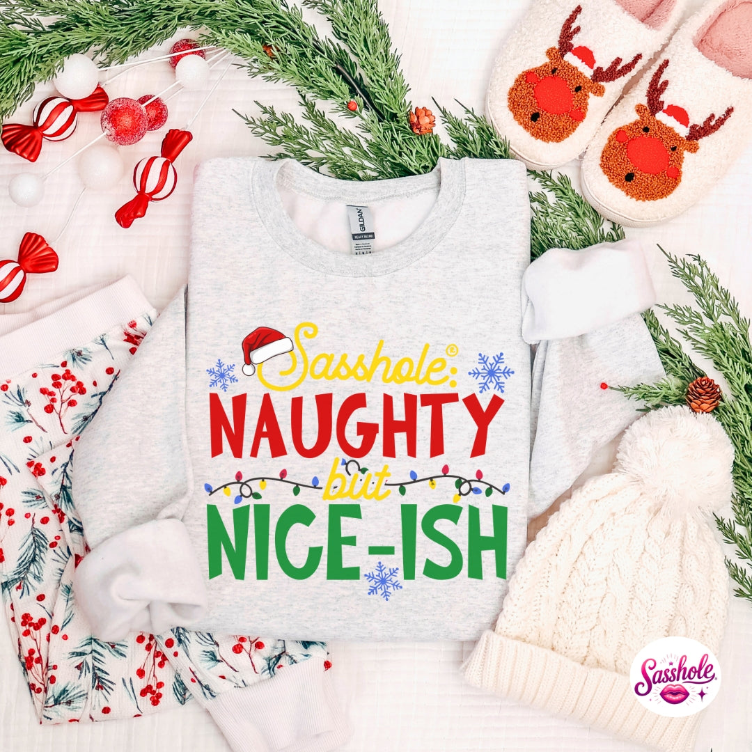 Image of Sasshole® Naughty but Nice-ish Christmas Sweatshirt – Funny Holiday Women’s Sweater