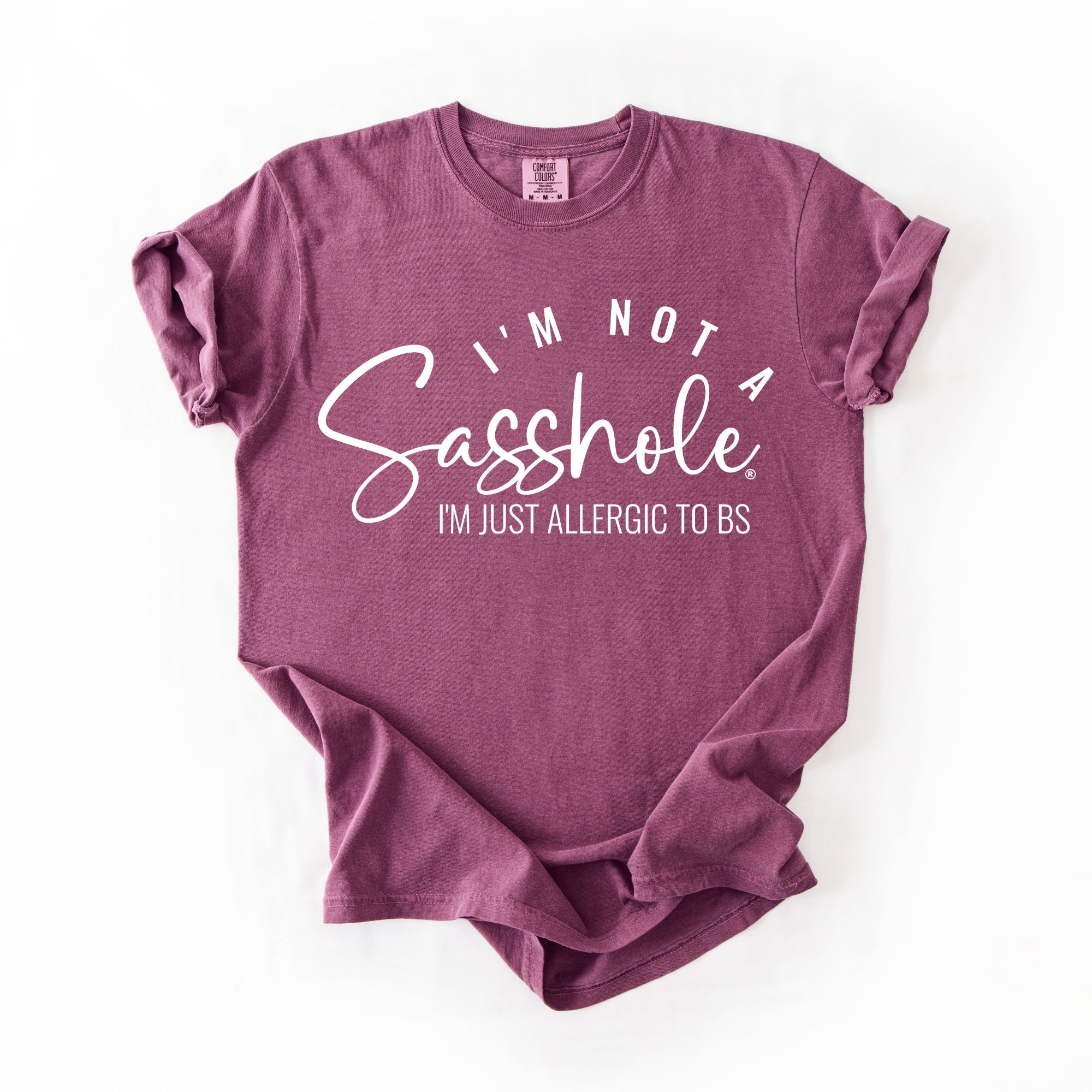 Image of Sasshole® Women’s Comfort Colors® Tee – “I’m Not a Sasshole, I’m Just Allergic to BS” Funny Graphic Shirt (Relaxed Fit)