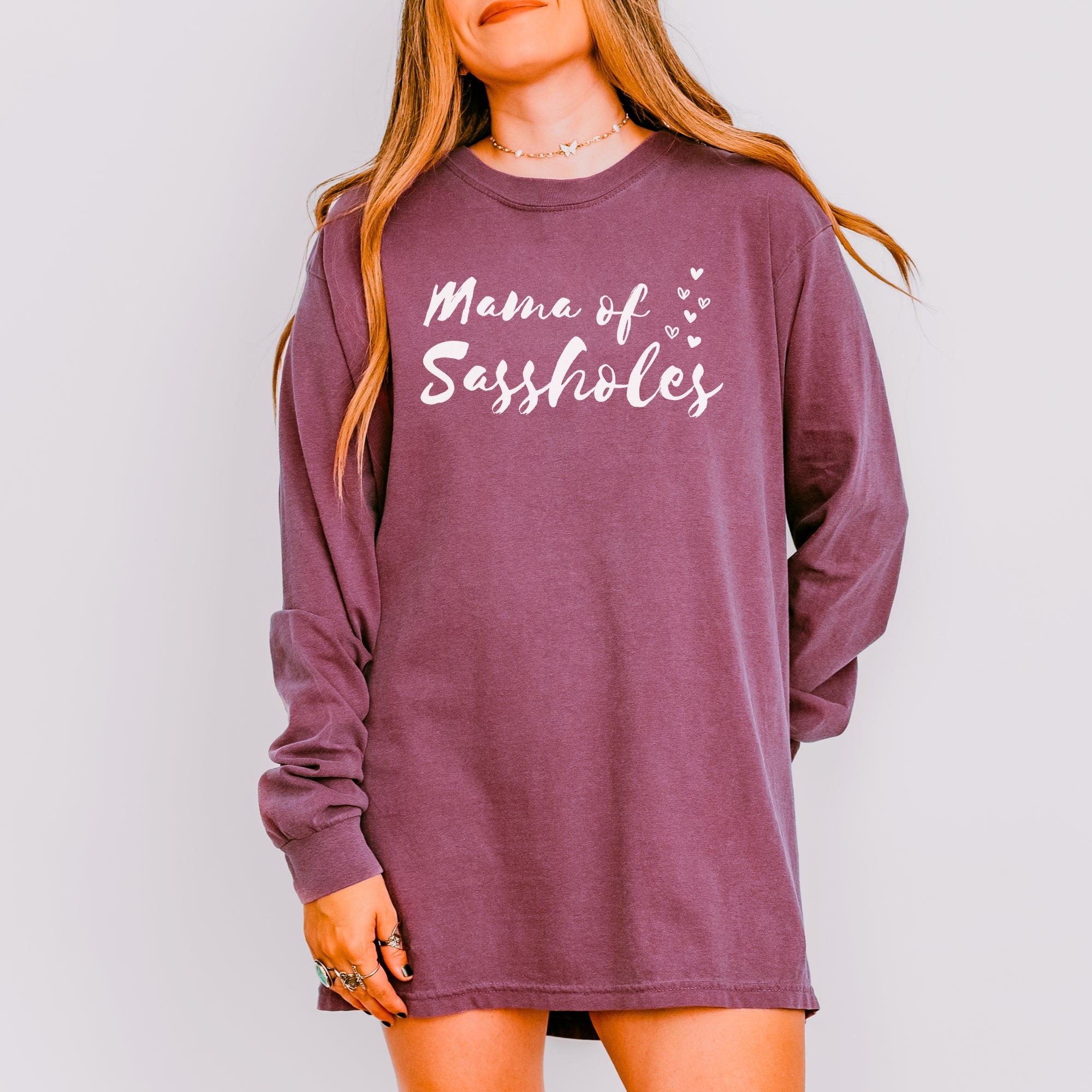 Image of Mama of Sassholes® Women’s Comfort Colors® Long Sleeve Tee – Funny Graphic Shirt for Moms, Bold Statement Top