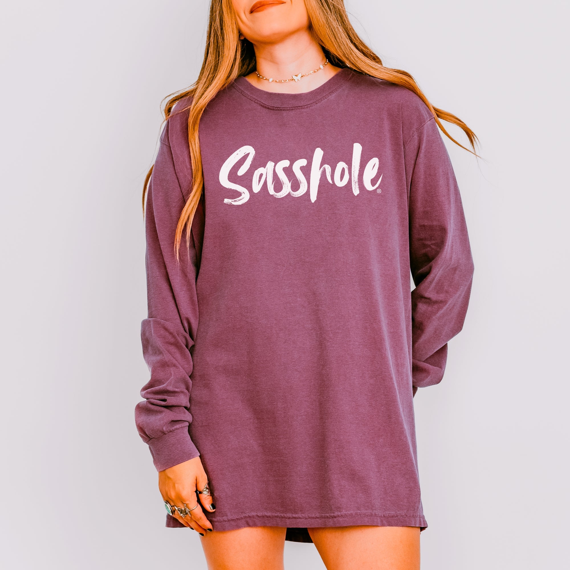 Image of Sasshole® Women’s Comfort Colors® Long Sleeve Tee – Bold Script Logo, Funny Graphic Shirt