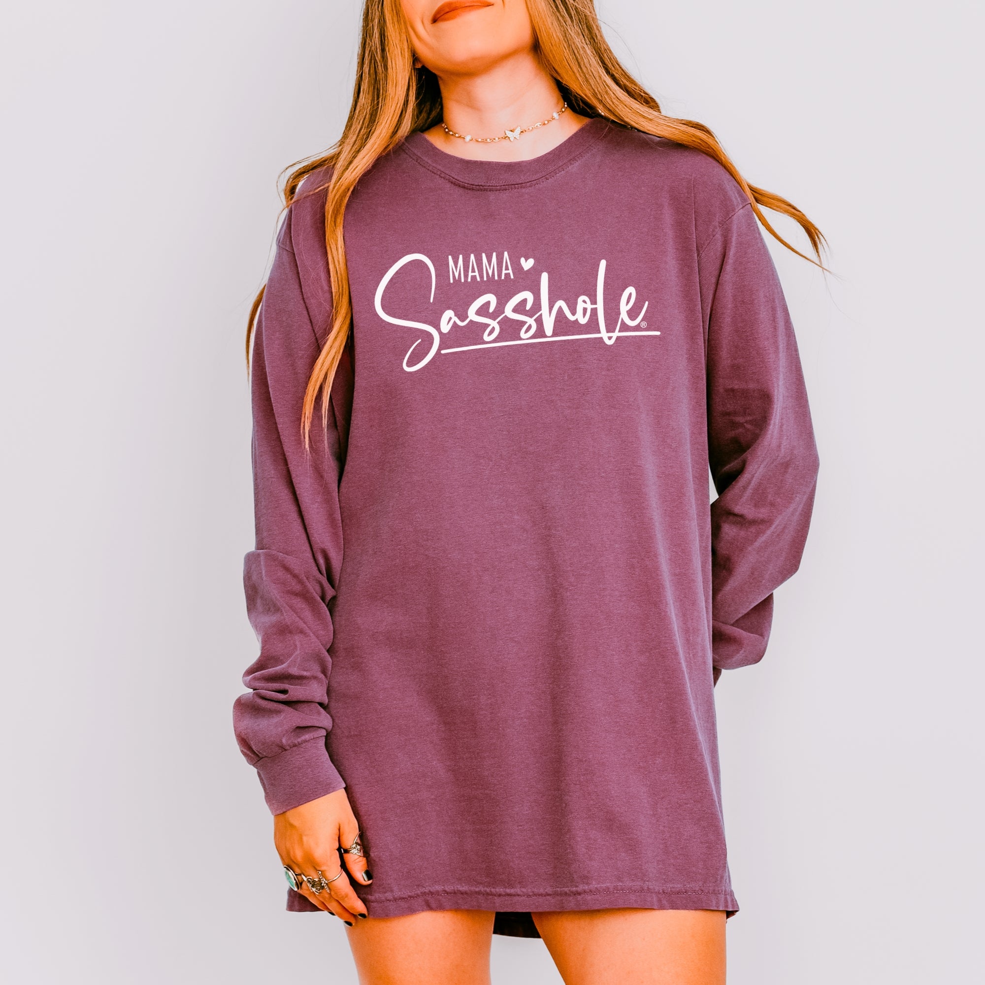 Image of Mama Sasshole® Women’s Comfort Colors® Long Sleeve Tee – Funny Mom Graphic Shirt, Bold Statement Top