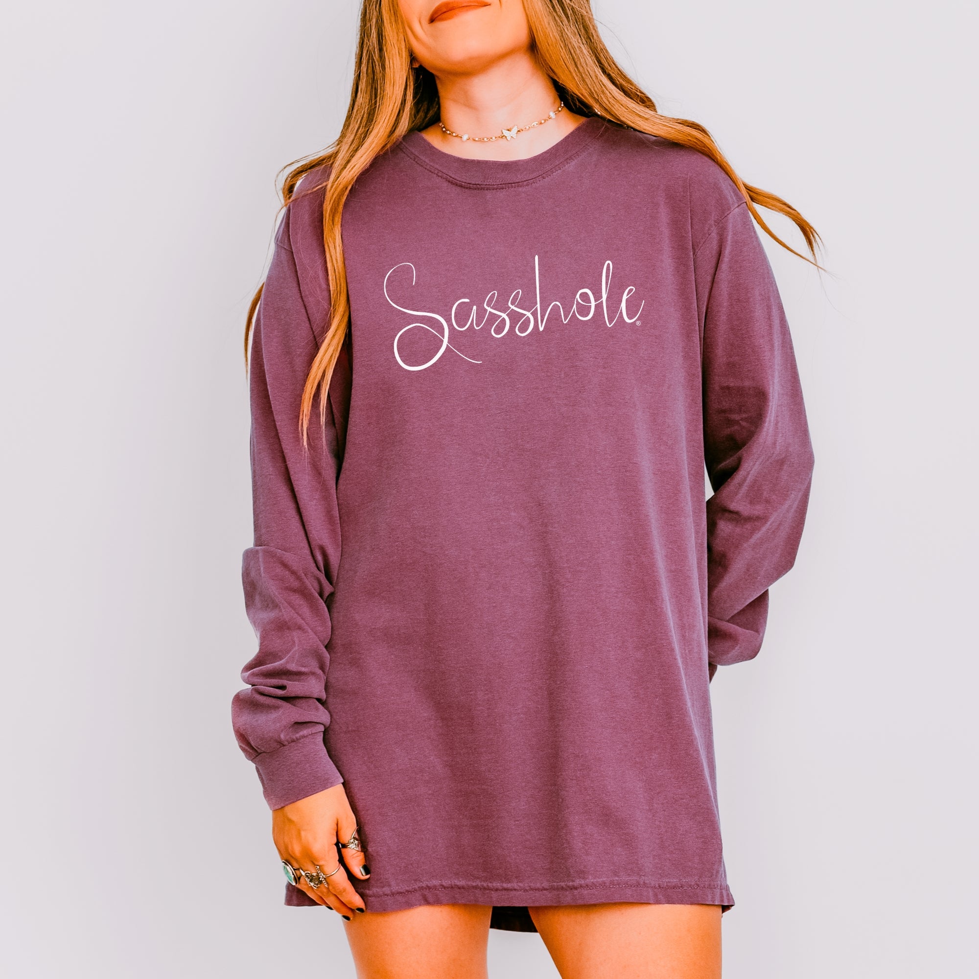 Image of Sasshole® Women’s Comfort Colors® Long Sleeve Tee – Script Logo Funny Graphic Shirt, Bold Statement Top