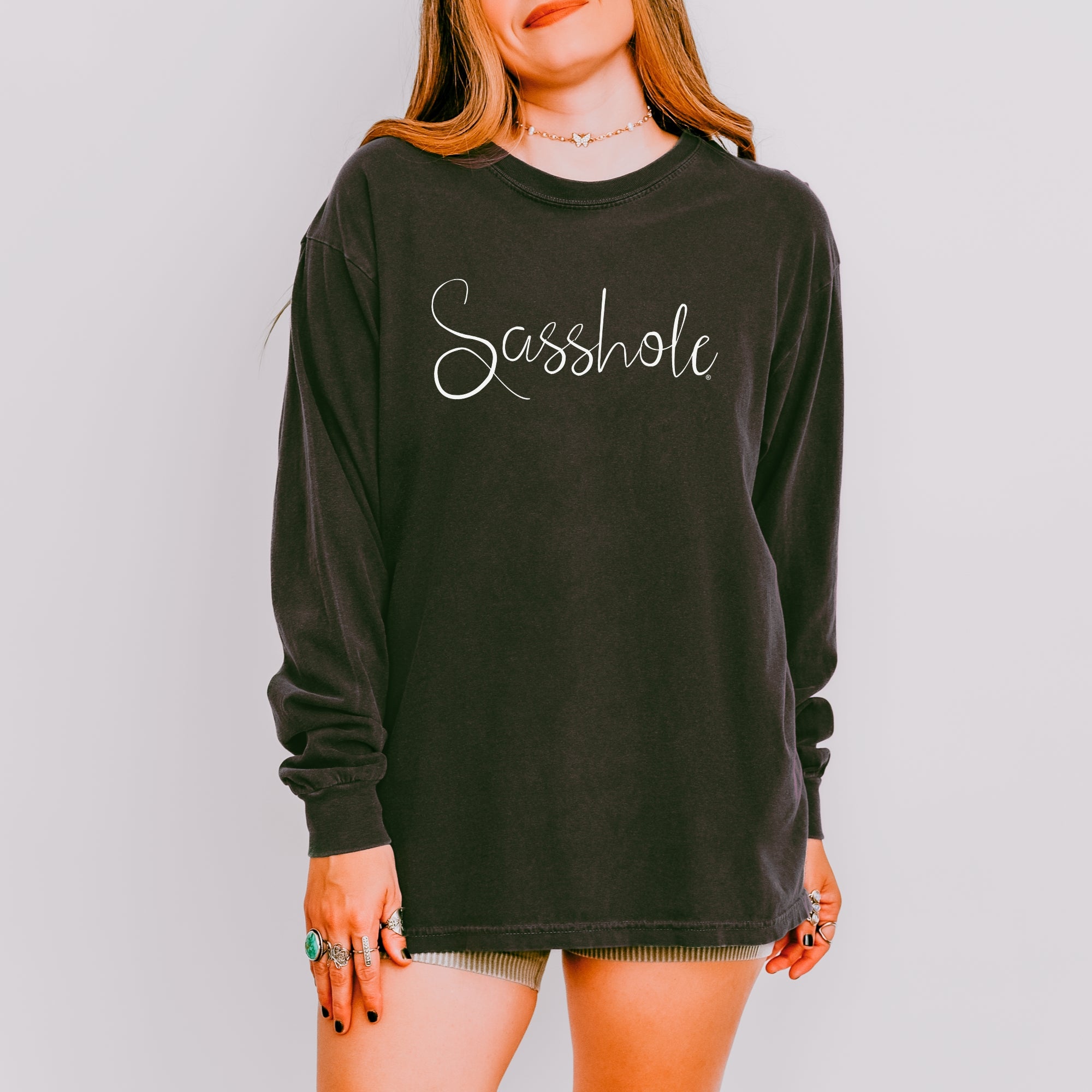 Image of Sasshole® Women’s Comfort Colors® Long Sleeve Tee – Script Logo Funny Graphic Shirt, Bold Statement Top