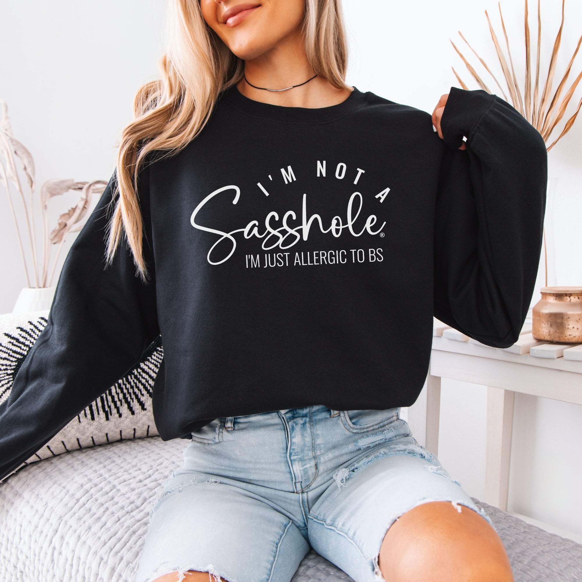 Image of Women’s Classic Fit Graphic Sweatshirt – Allergic to BS Funny Fleece Pullover by Sasshole®