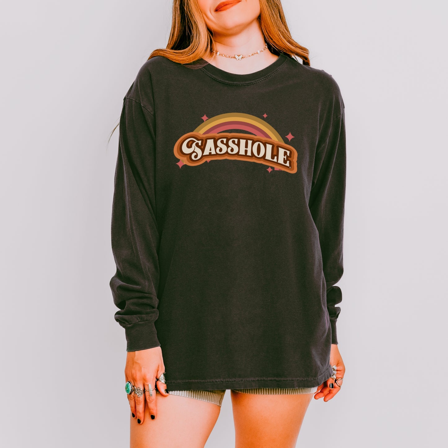 Sasshole® Women’s Long Sleeve Comfort Colors® Tee – Retro Rainbow Graphic Shirt