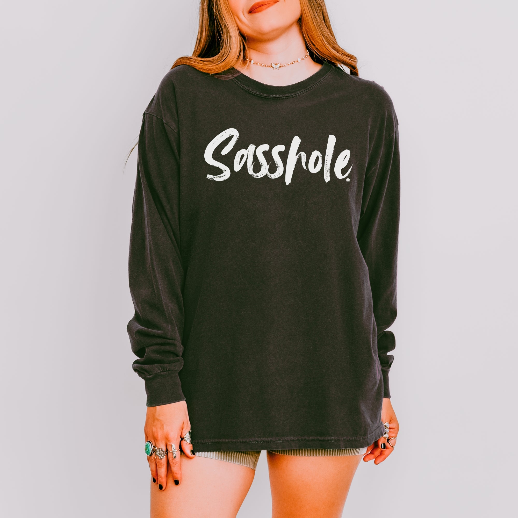 Image of Sasshole® Women’s Comfort Colors® Long Sleeve Tee – Bold Script Logo, Funny Graphic Shirt