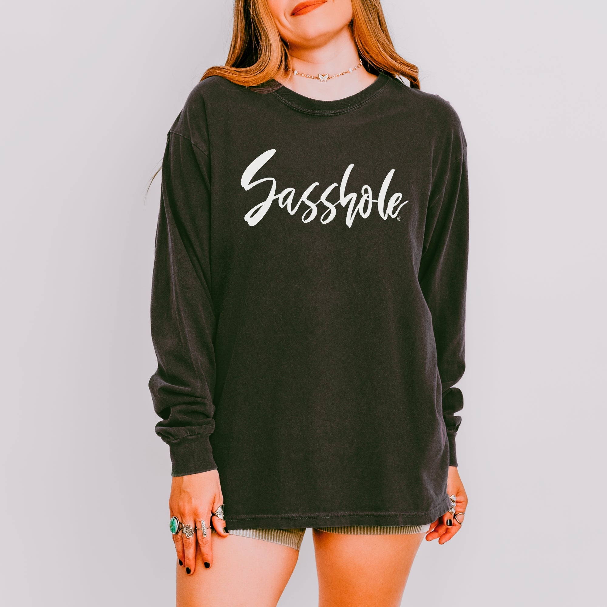 Image of Sasshole® Signature Script Long Sleeve T-Shirt – Bold Funny Women’s Graphic Tee