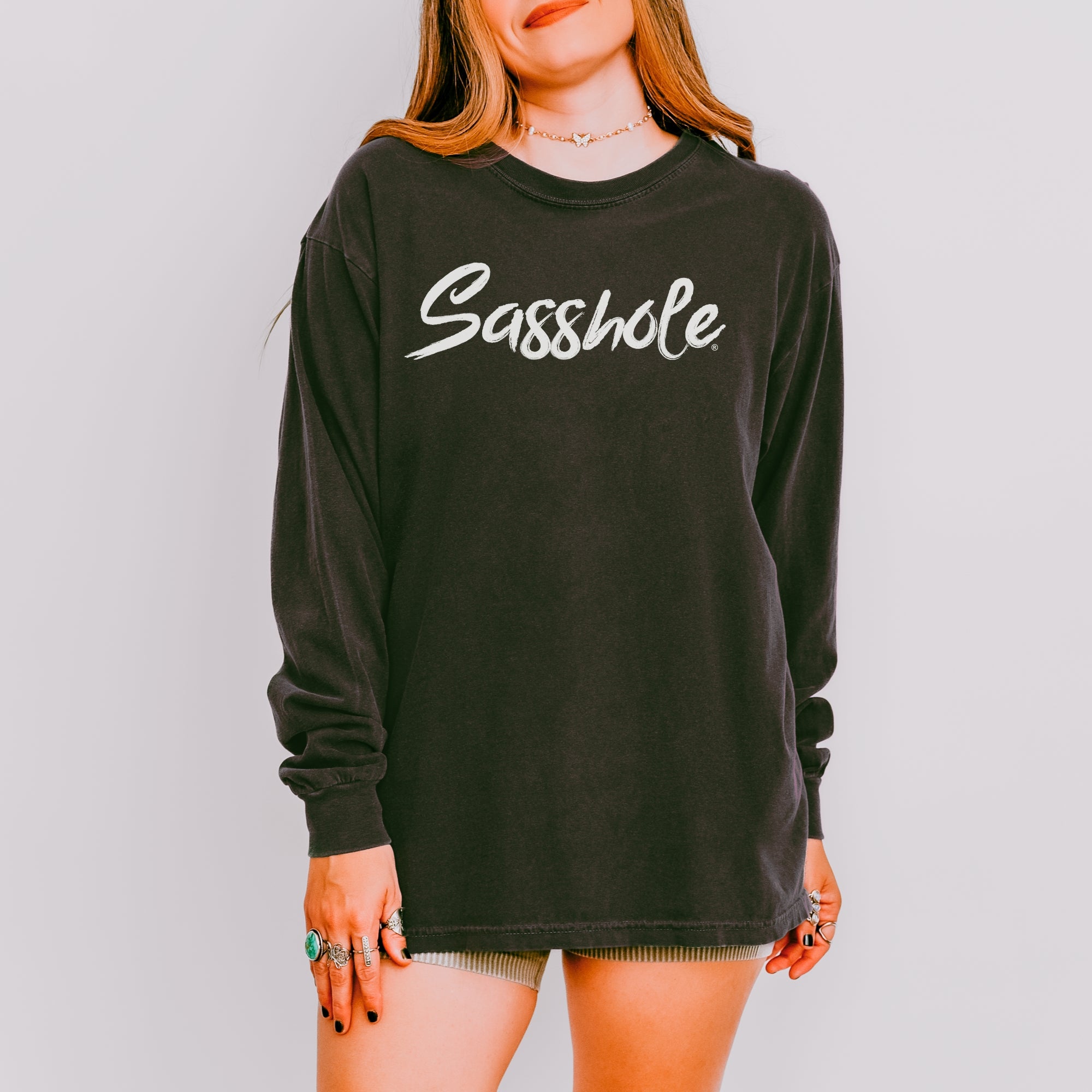 Image of Sasshole® Women’s Comfort Colors® Long Sleeve Tee – Classic Script Funny Graphic Shirt