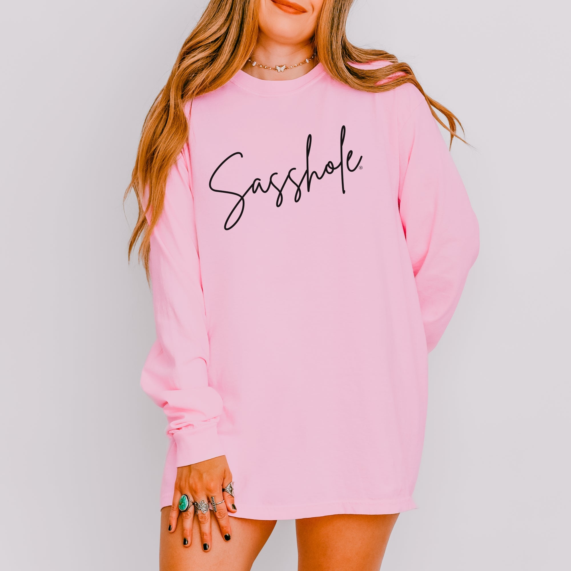 Image of Sasshole® Women’s Comfort Colors® Long Sleeve Tee – Script Funny Graphic Shirt