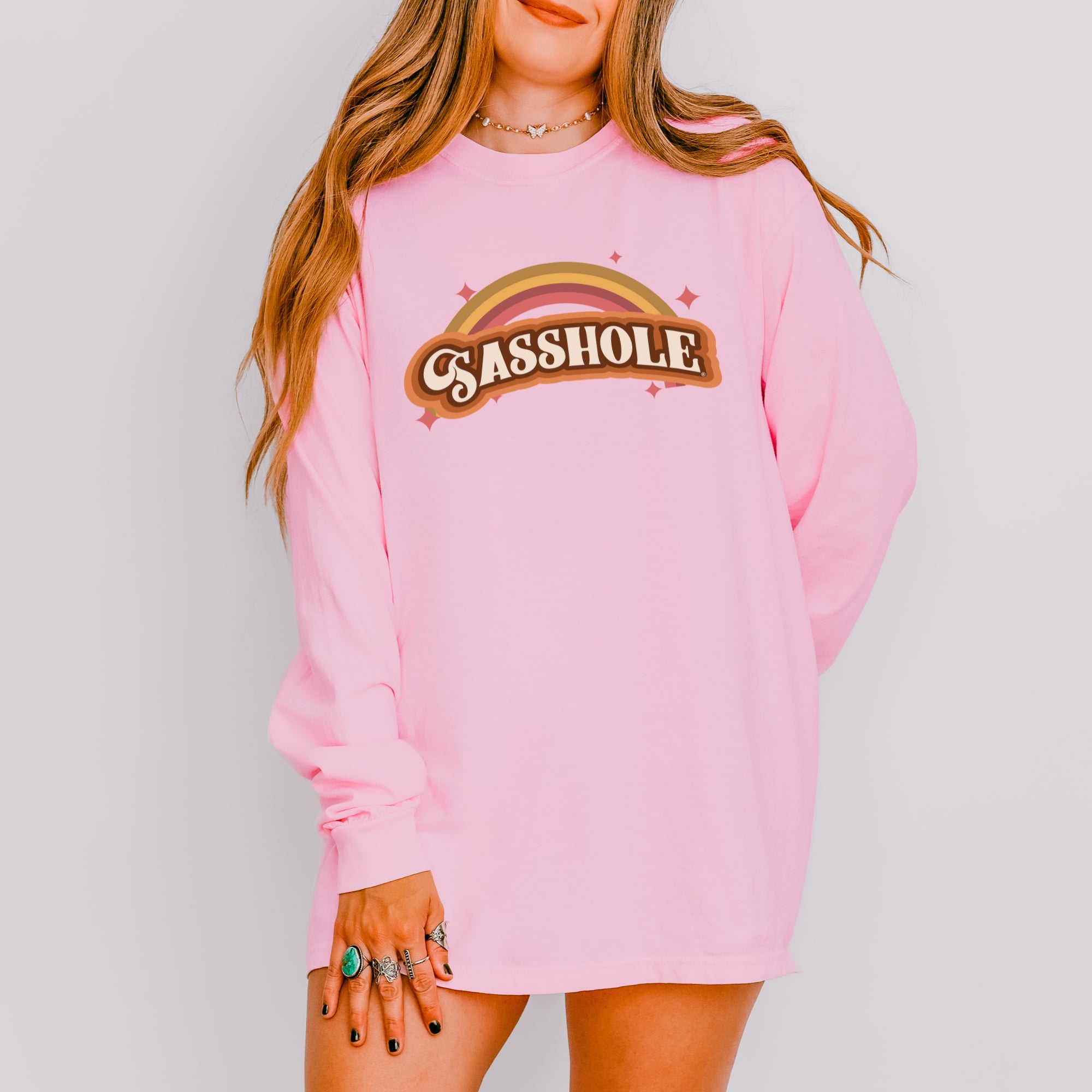 Image of Sasshole® Women’s Comfort Colors® Long Sleeve Tee – “Retro Rainbow” Funny Graphic Shirt, Bold Statement Top