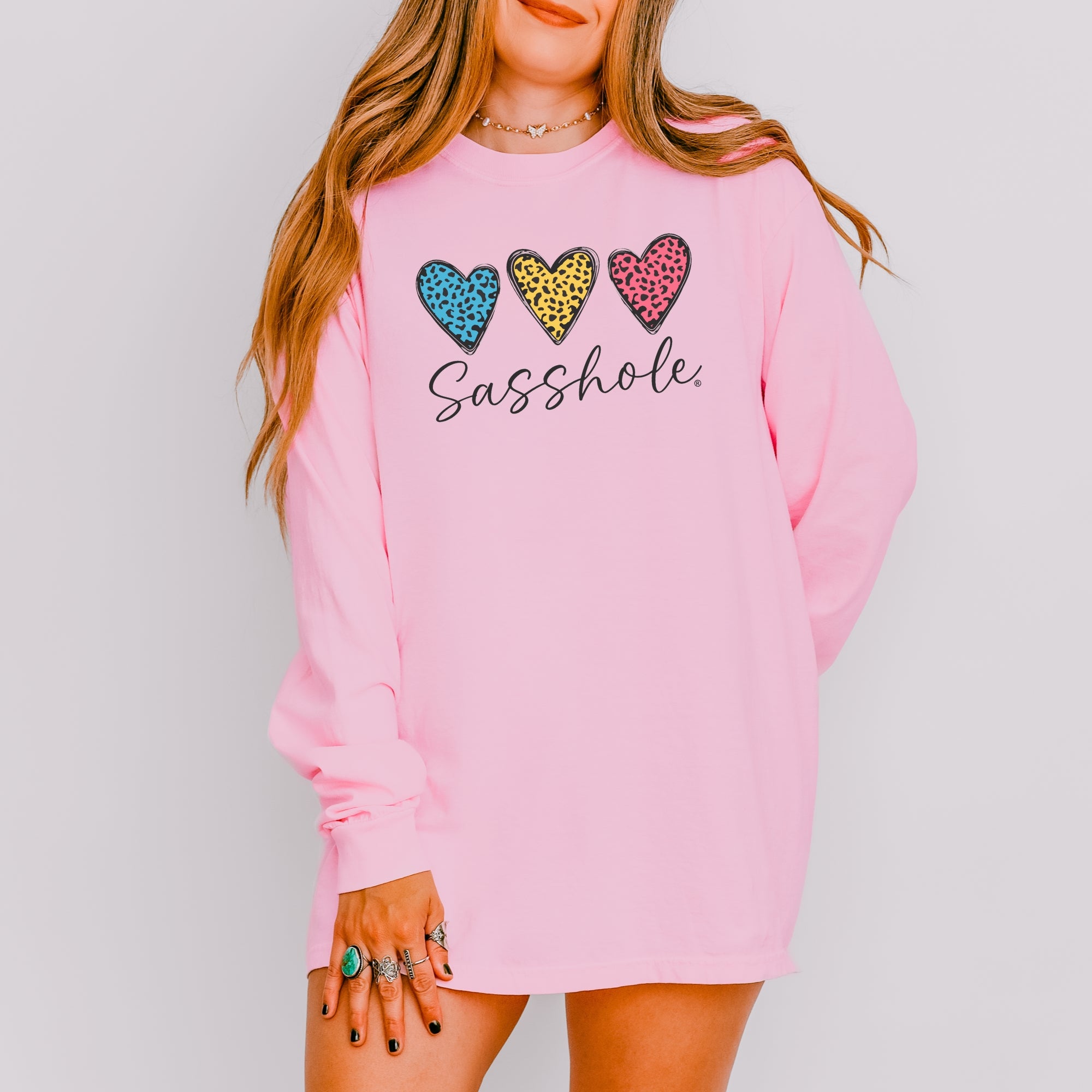 Image of Sasshole® Women’s Comfort Colors® Long Sleeve Tee – “Triple Heart” Funny Graphic T-Shirt, Cozy Statement Shirt