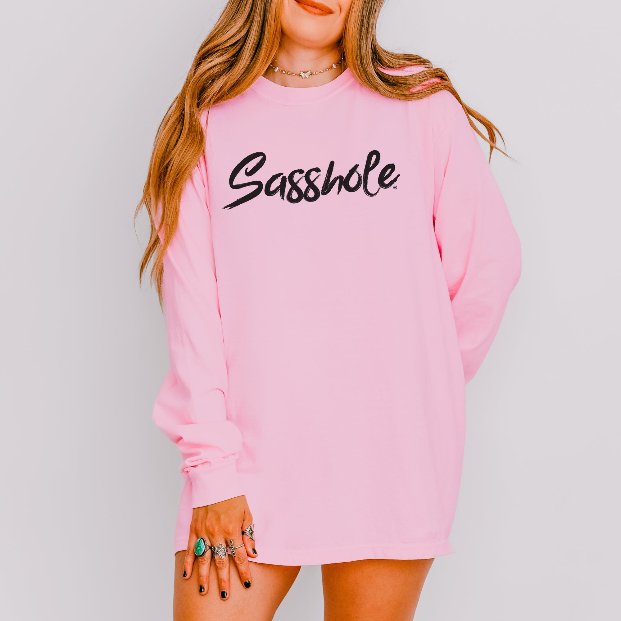 Image of Sasshole® Women’s Comfort Colors® Long Sleeve Tee – Classic Script Funny Graphic Shirt