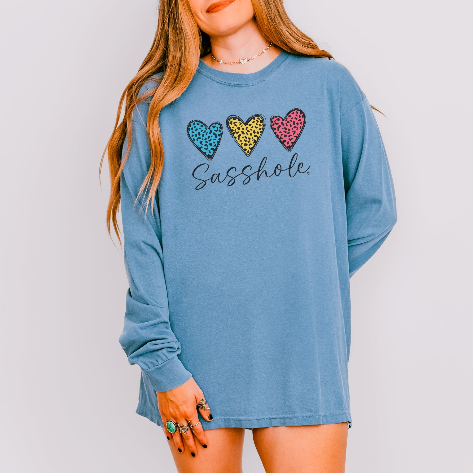 Image of Sasshole® Women’s Comfort Colors® Long Sleeve Tee – “Triple Heart” Funny Graphic T-Shirt, Cozy Statement Shirt