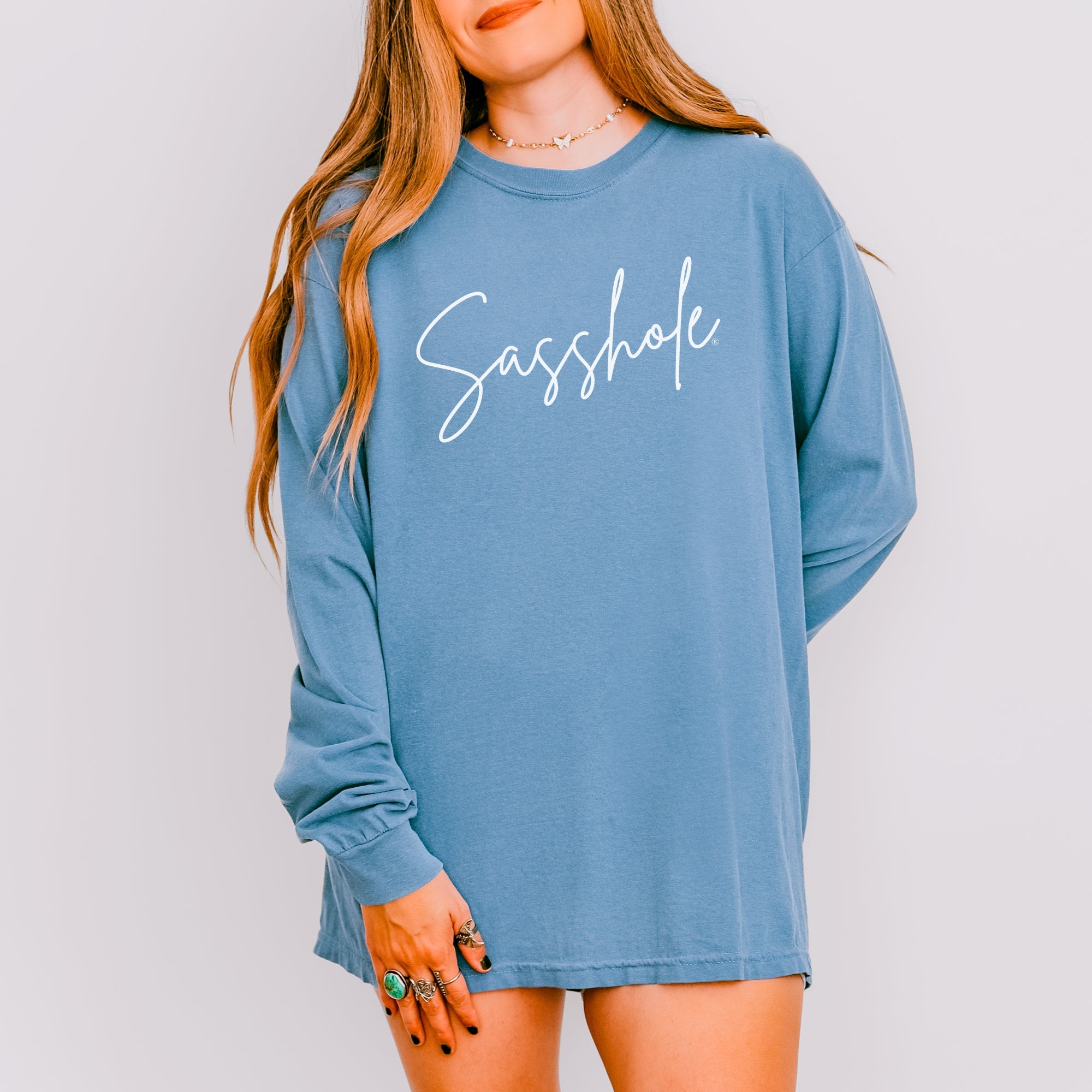 Image of Sasshole® Women’s Comfort Colors® Long Sleeve Tee – Script Funny Graphic Shirt