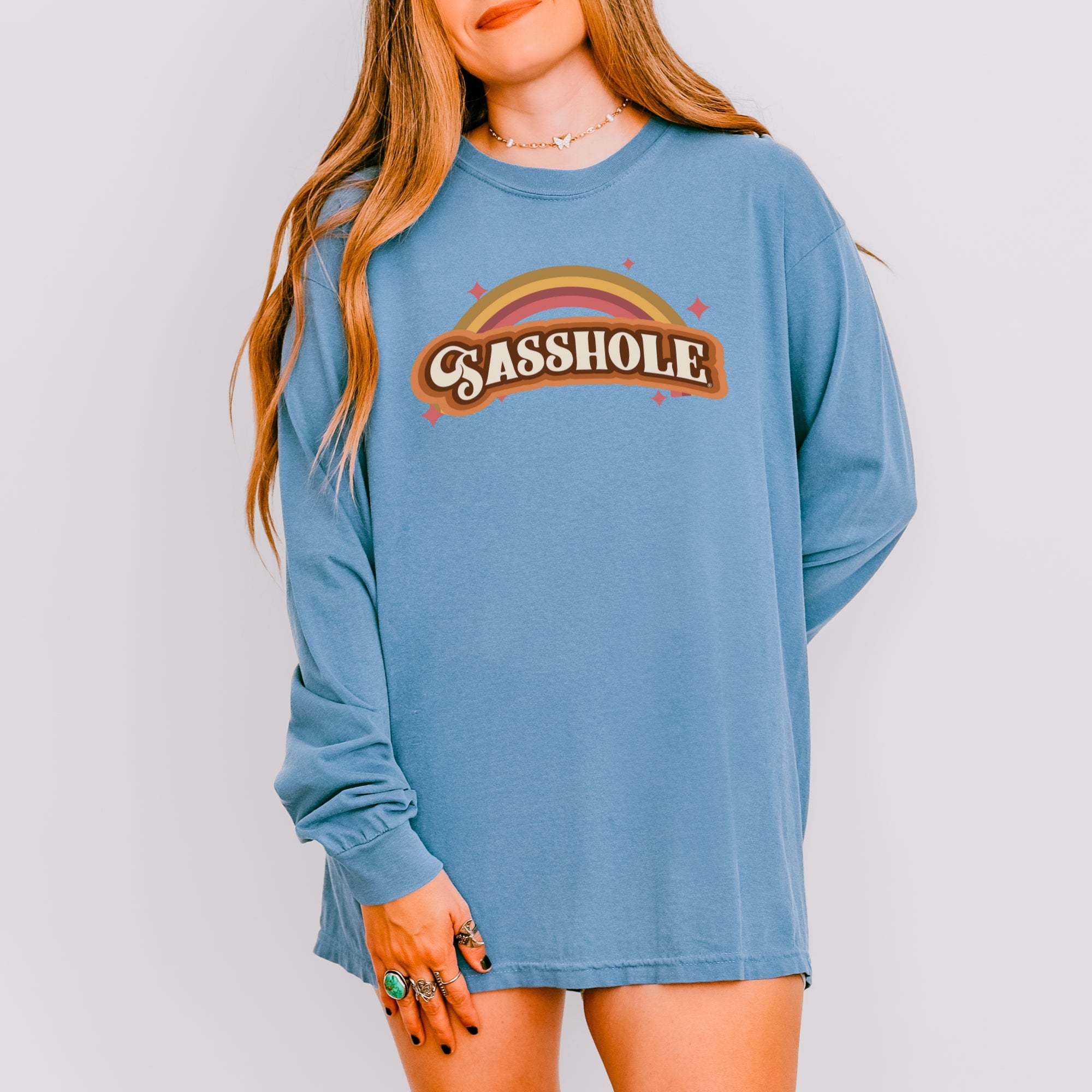 Image of Sasshole® Women’s Comfort Colors® Long Sleeve Tee – “Retro Rainbow” Funny Graphic Shirt, Bold Statement Top