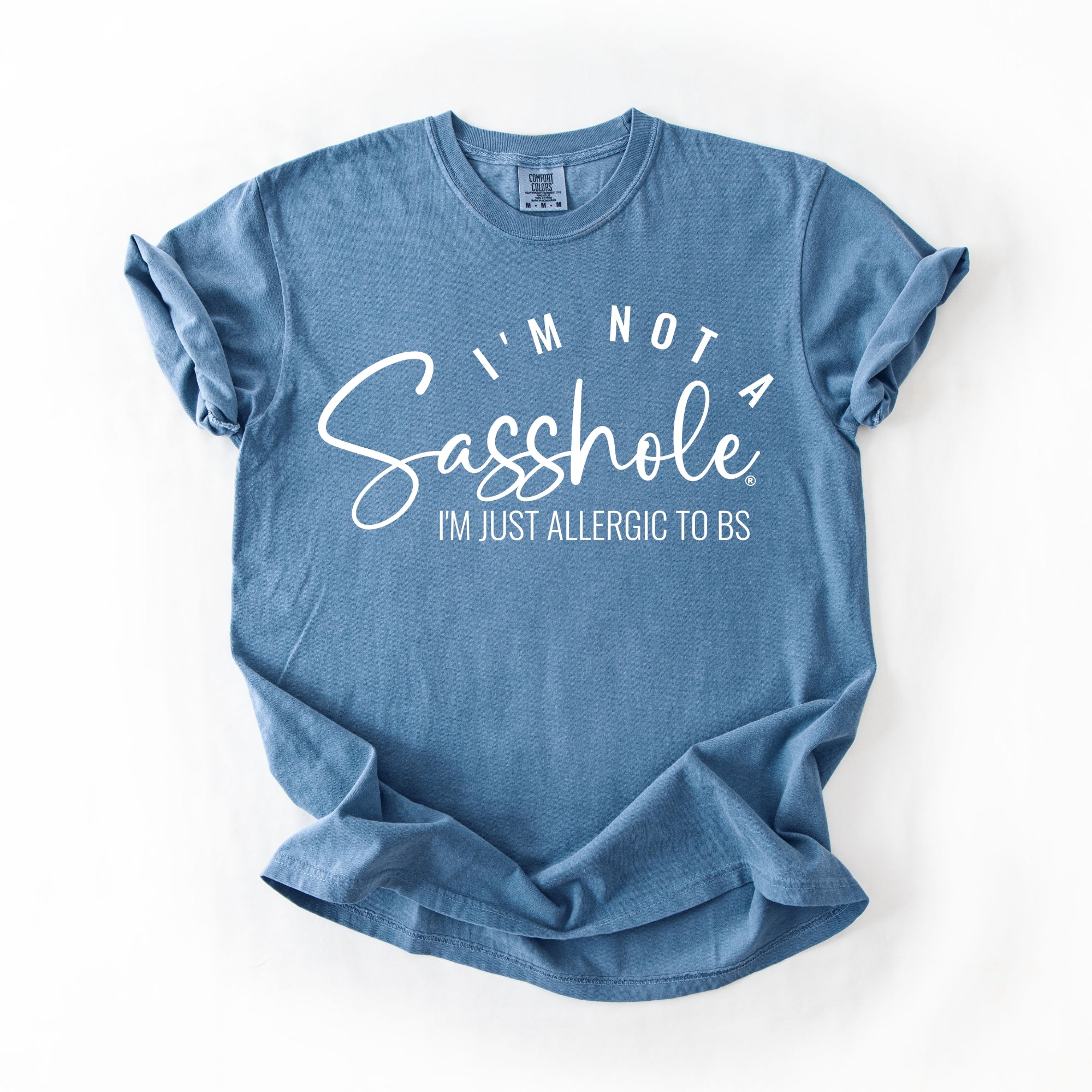 Image of Sasshole® Women’s Comfort Colors® Tee – “I’m Not a Sasshole, I’m Just Allergic to BS” Funny Graphic Shirt (Relaxed Fit)
