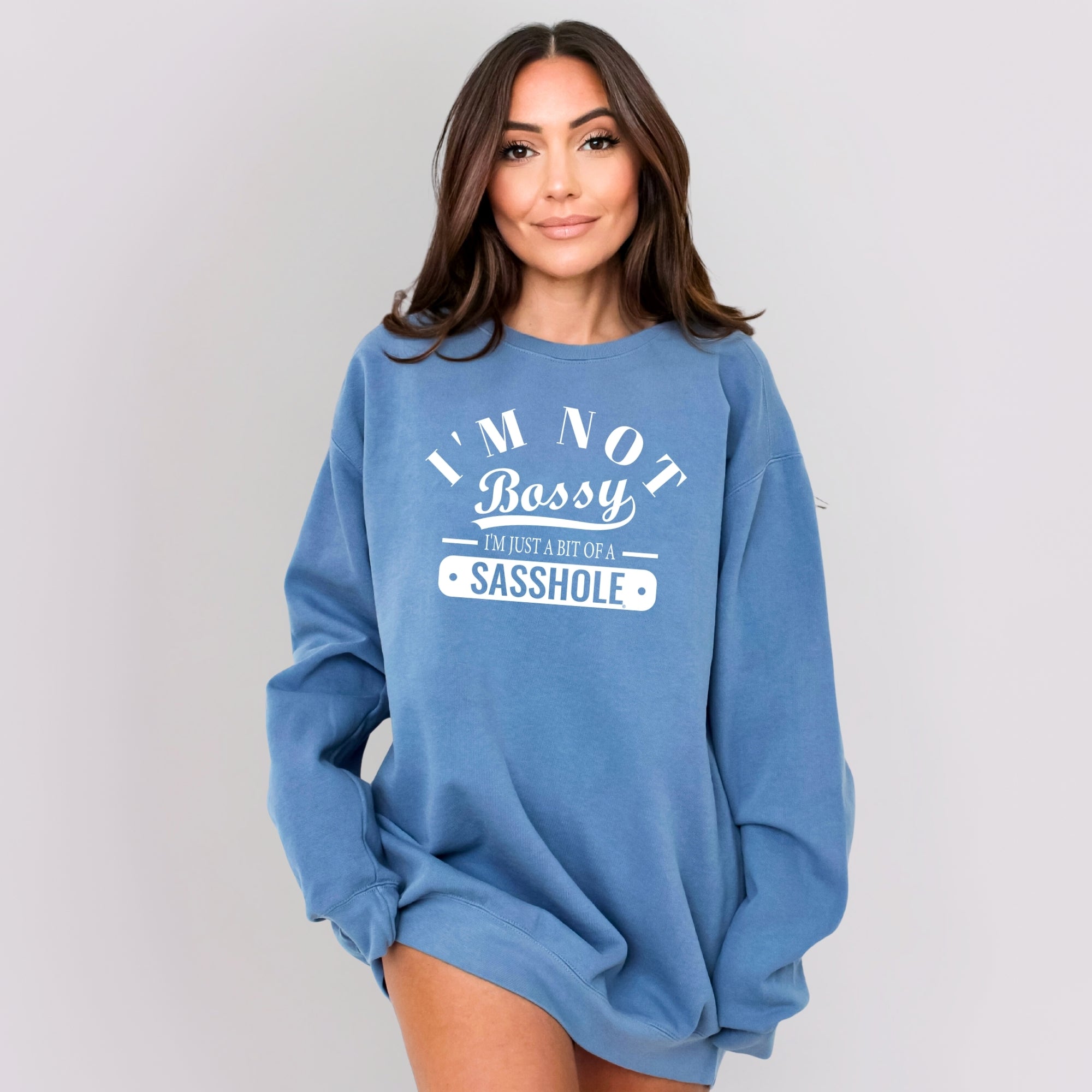 Image of Sasshole® Women’s Relaxed Fit Comfort Colors® Sweatshirt – I’m Not Bossy Funny Graphic Pullover