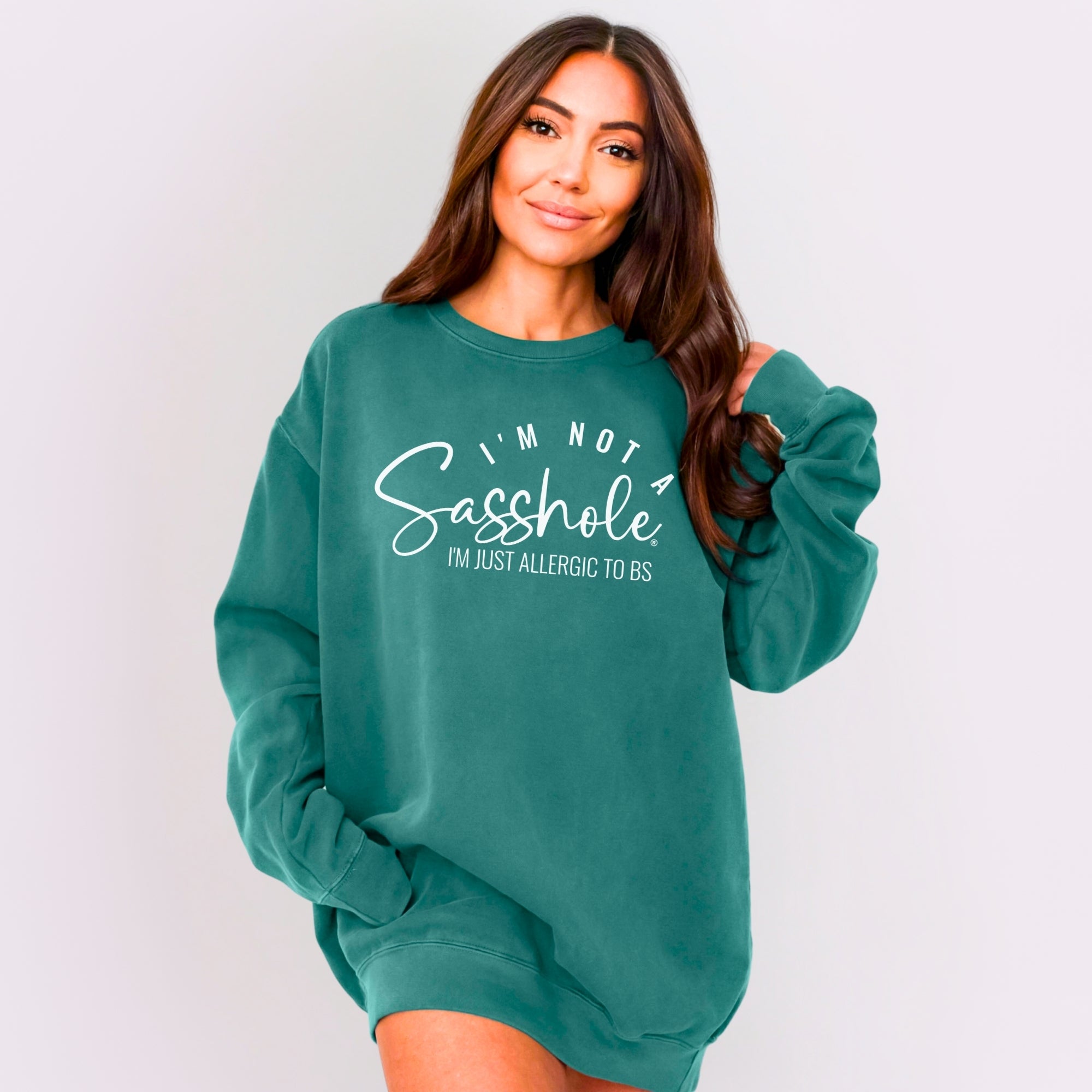 Image of Sasshole® Women’s Relaxed Fit Comfort Colors® Sweatshirt – I’m Not a Sasshole, Just Allergic to BS Pullover