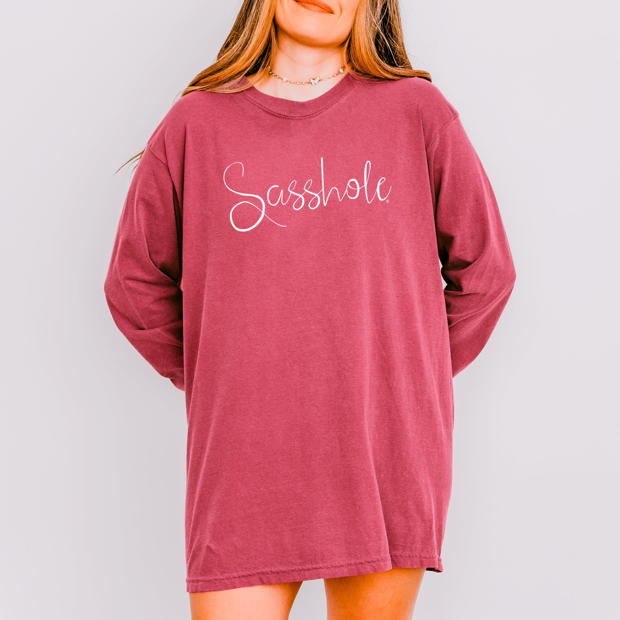 Image of Sasshole® Women’s Comfort Colors® Long Sleeve Tee – Script Logo Funny Graphic Shirt, Bold Statement Top